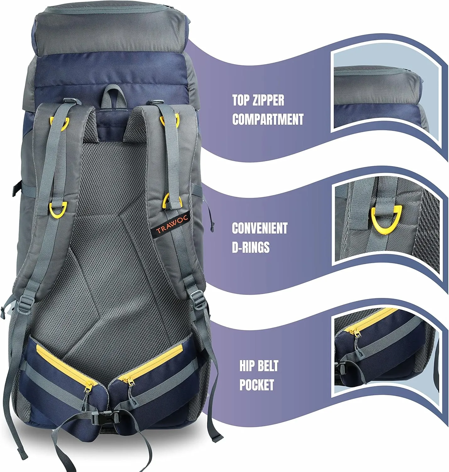 AIRWAVE 60L Travel Backpack Hiking Trekking Bag Camping Rucksack Bag for Men and Women, Grey