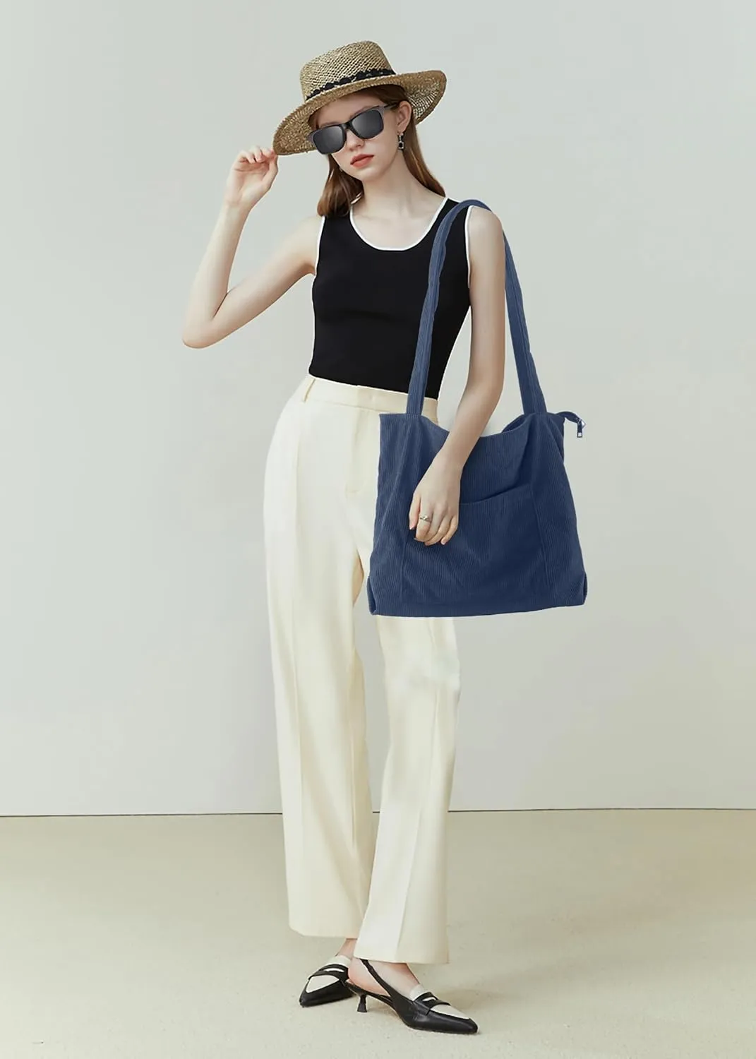ALUWU Corduroy Tote Bag for Women with Front Pocket and Zipper