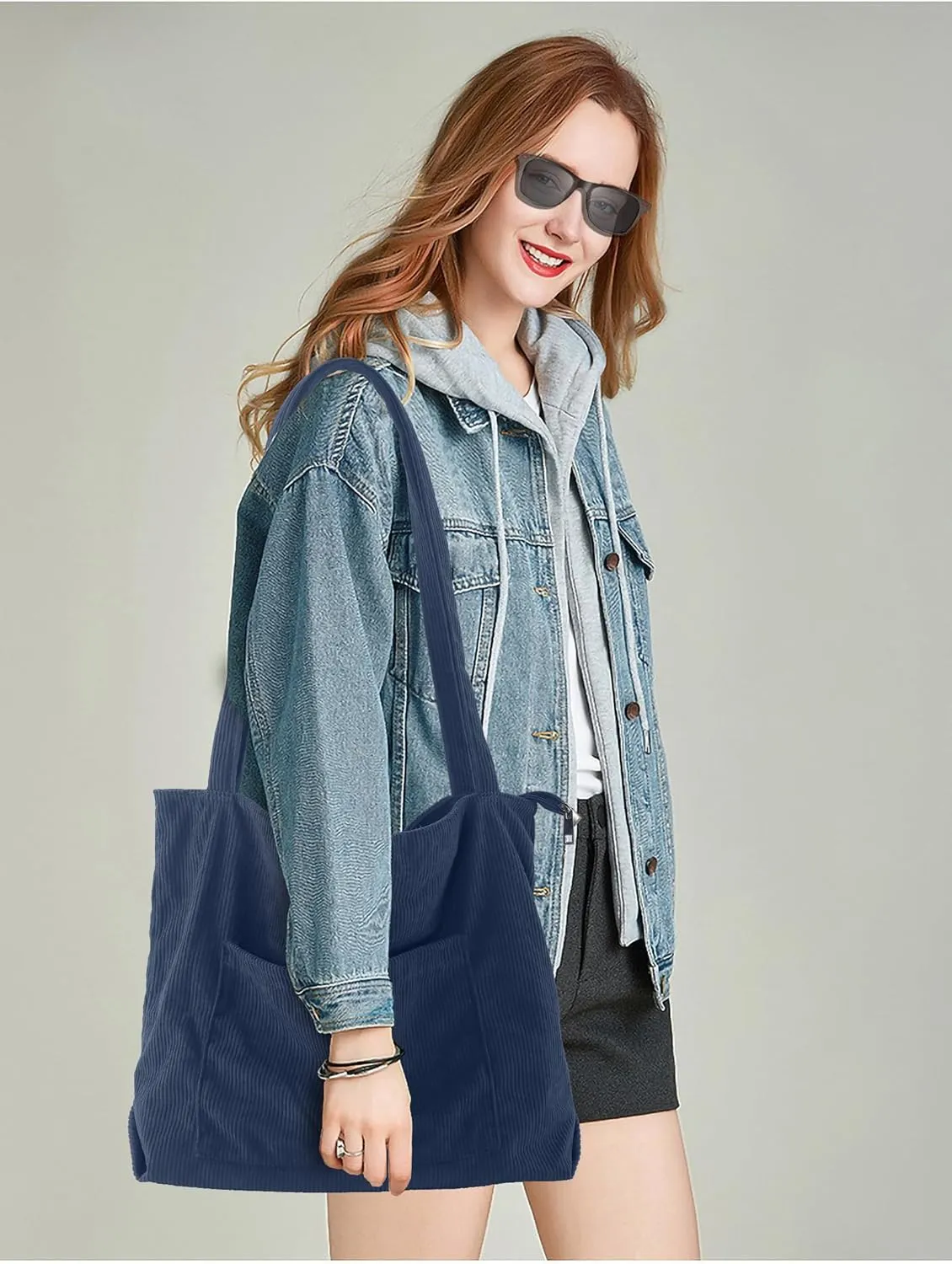 ALUWU Corduroy Tote Bag for Women with Front Pocket and Zipper