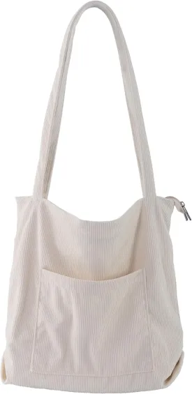 ALUWU Corduroy Tote Bag for Women with Front Pocket and Zipper