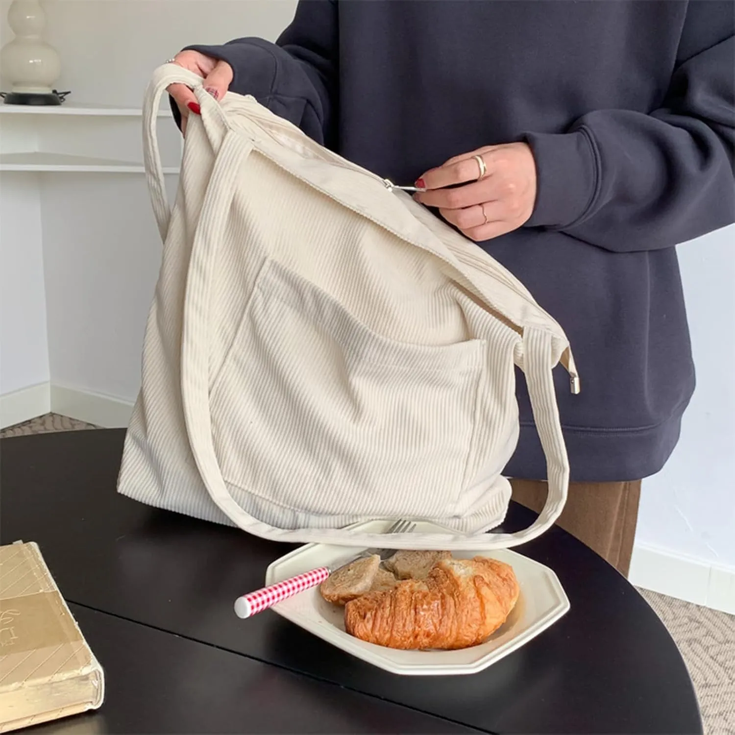 ALUWU Corduroy Tote Bag for Women with Front Pocket and Zipper