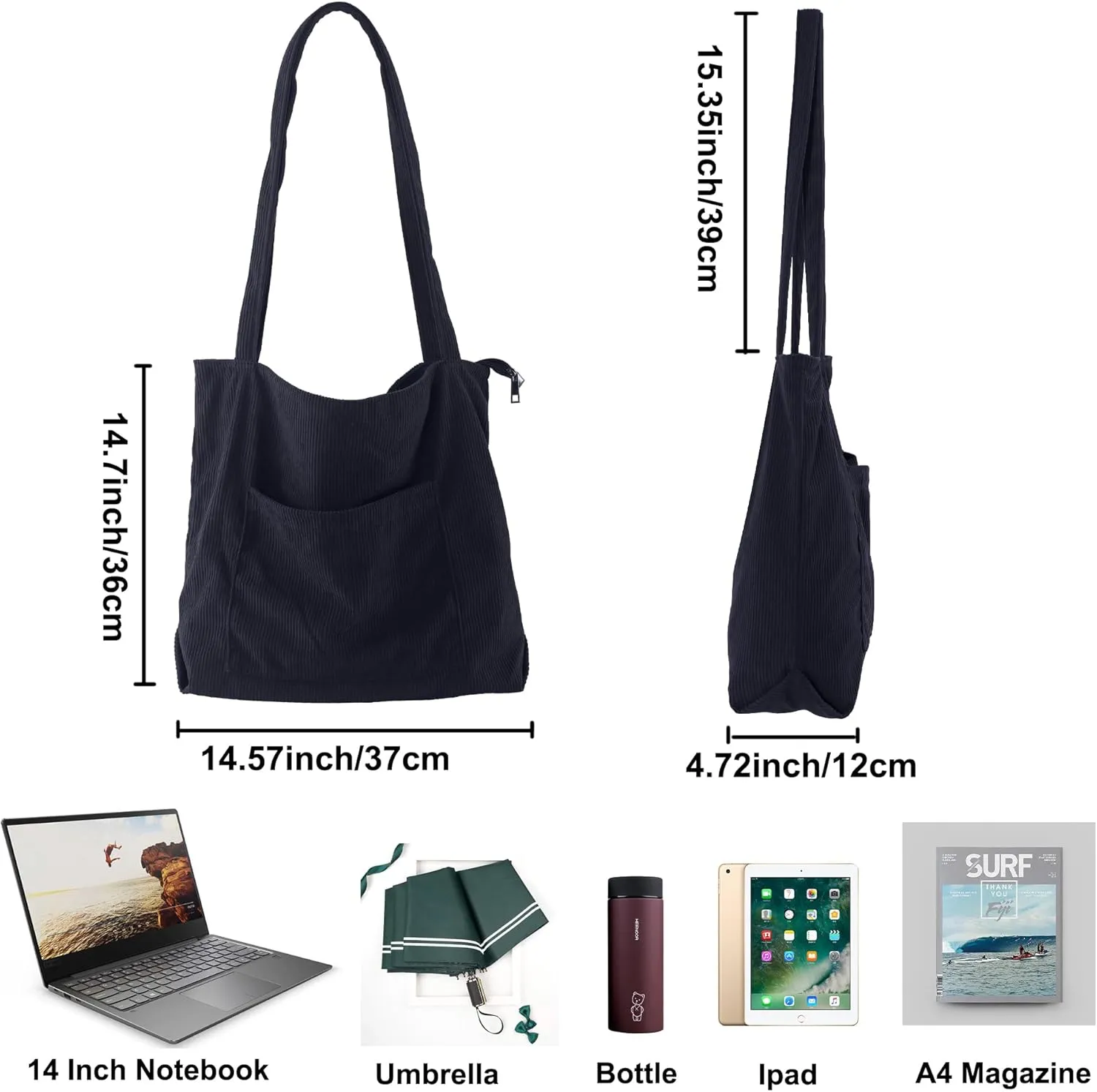 ALUWU Corduroy Tote Bag for Women with Front Pocket and Zipper