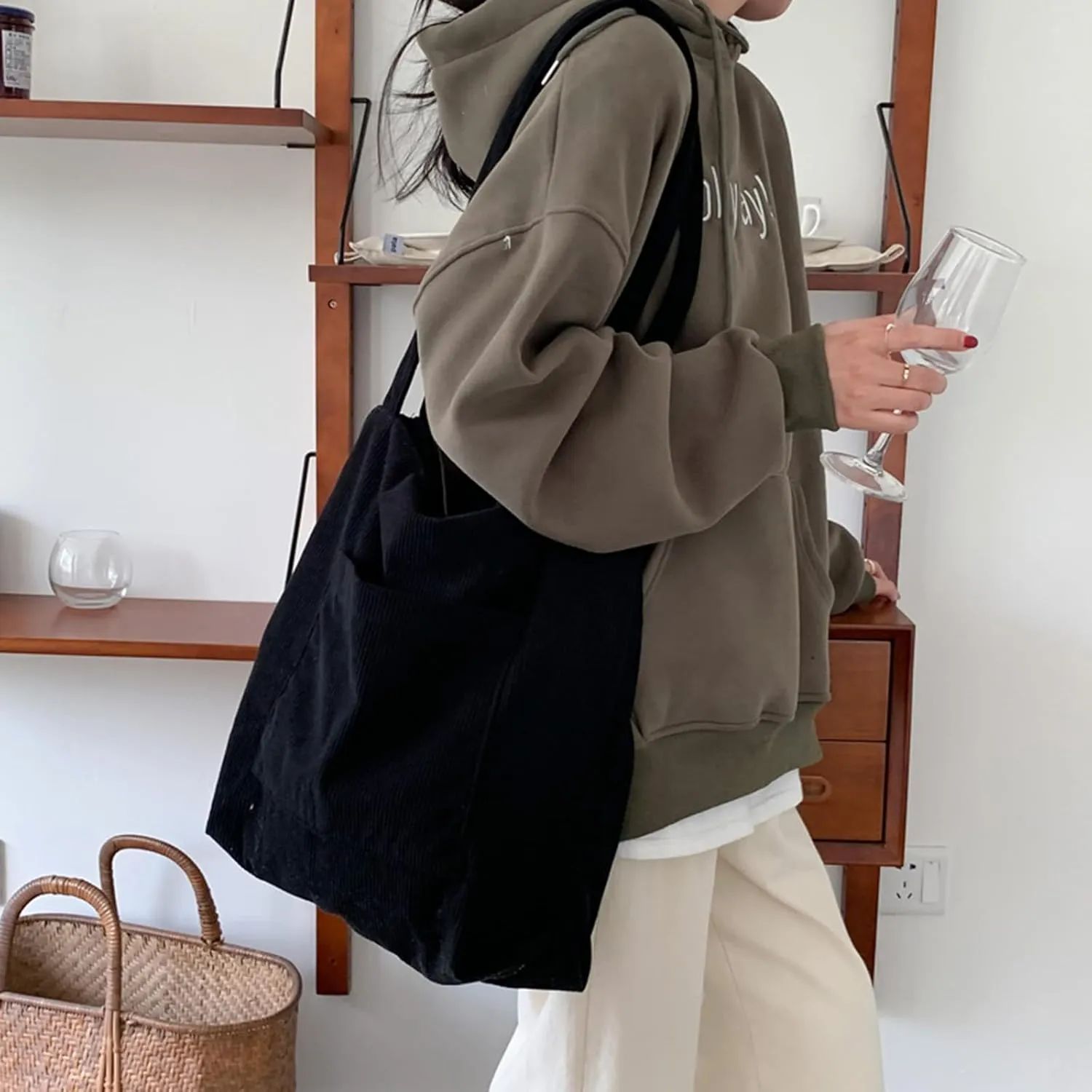 ALUWU Corduroy Tote Bag for Women with Front Pocket and Zipper