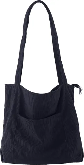 ALUWU Corduroy Tote Bag for Women with Front Pocket and Zipper