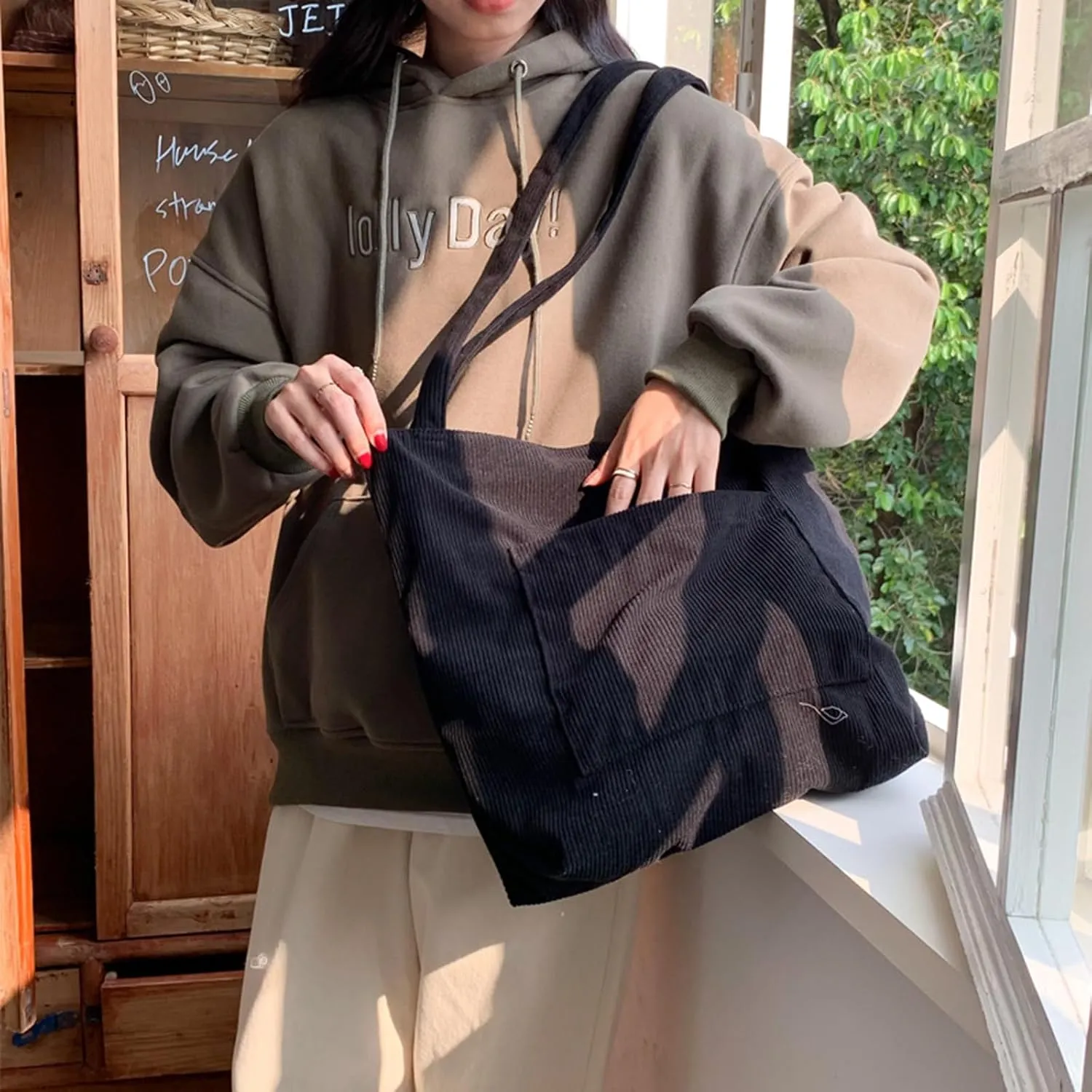 ALUWU Corduroy Tote Bag for Women with Front Pocket and Zipper