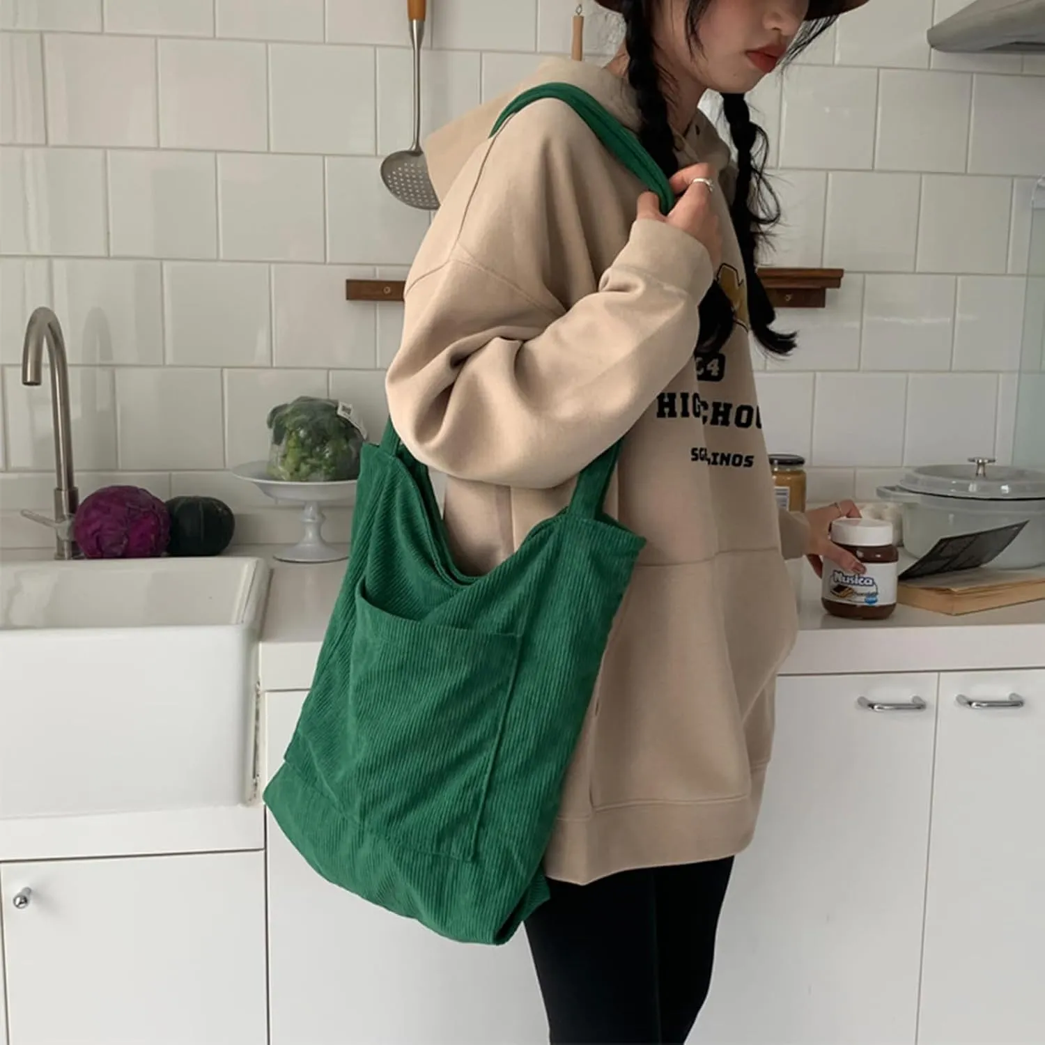 ALUWU Corduroy Tote Bag for Women with Front Pocket and Zipper