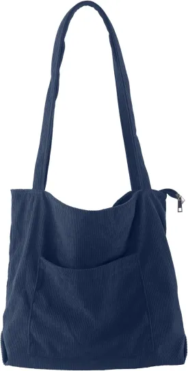 ALUWU Corduroy Tote Bag for Women with Front Pocket and Zipper