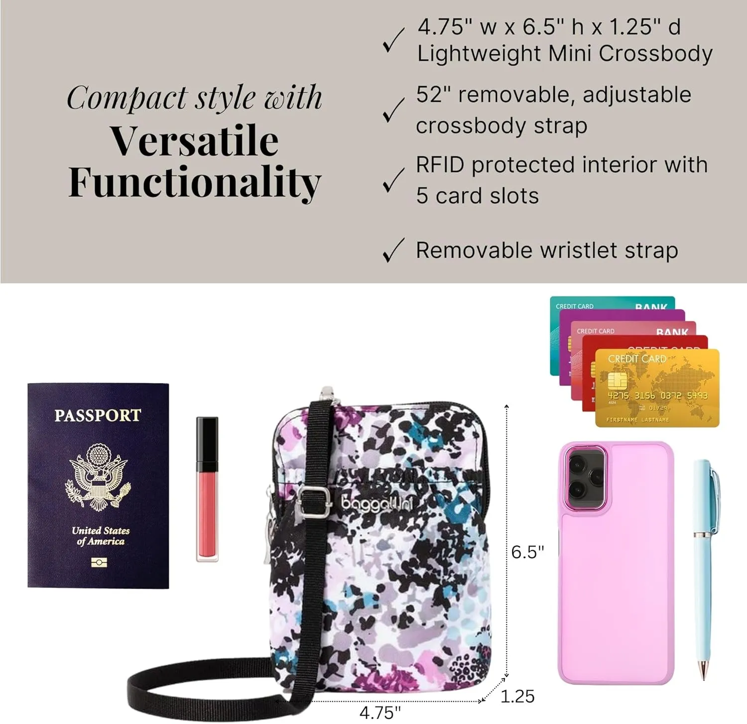 Baggallini Bryant Pouch Small Crossbody Bag for Women - Phone Purse with Crossbody Strap - Lightweight Crossbody Pouch