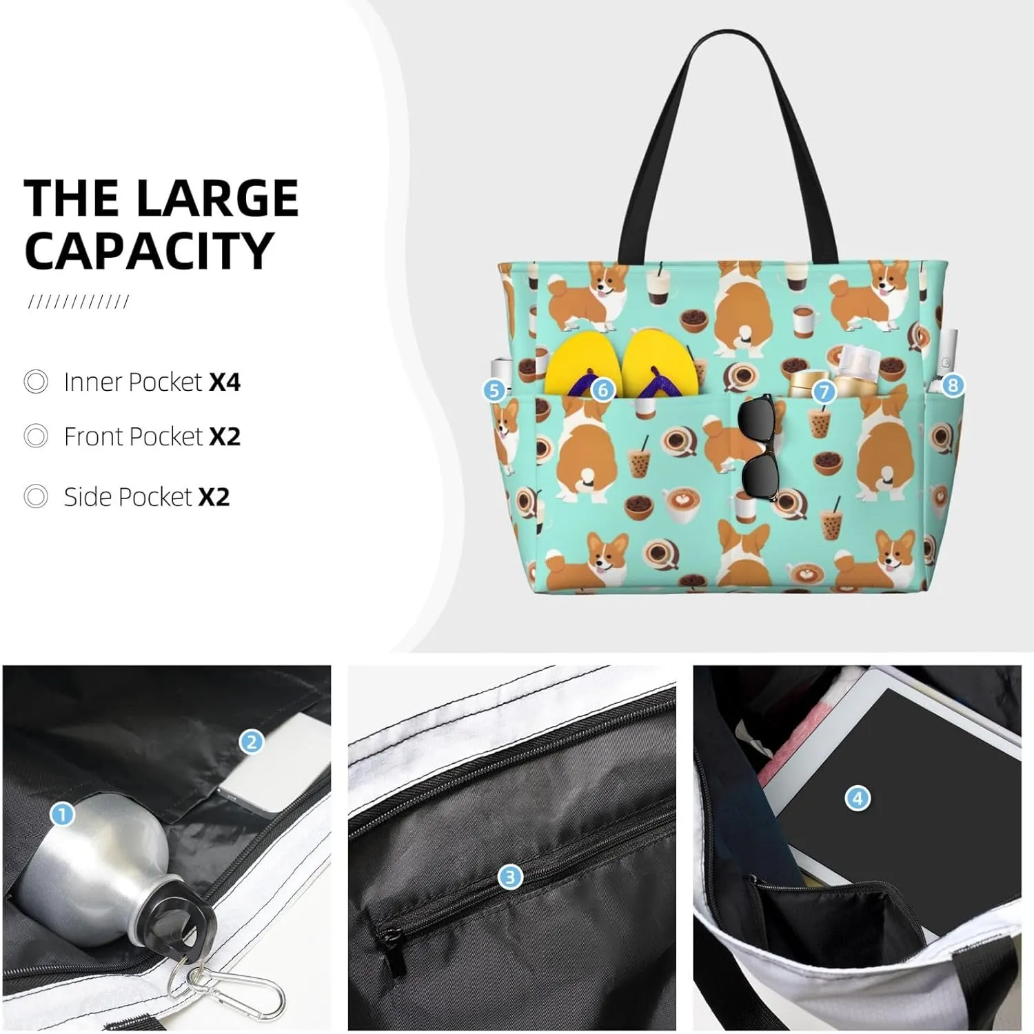 Beach Bag, Extra Large Waterproof Sandproof Tote with Multi Pockets, Lightweight for Travel, Pool, Outdoor