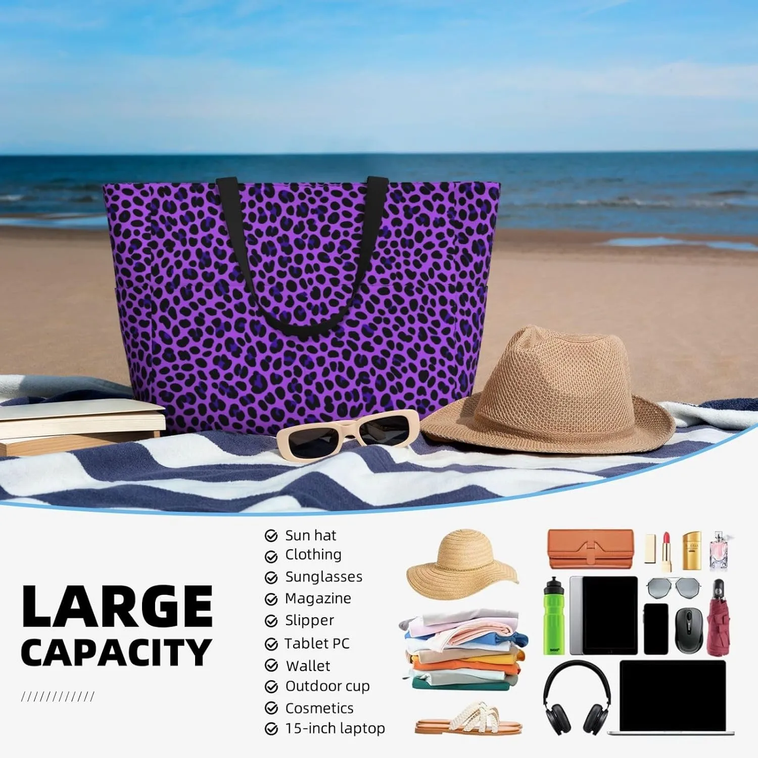 Beach Bag, Extra Large Waterproof Sandproof Tote with Multi Pockets, Lightweight for Travel, Pool, Outdoor