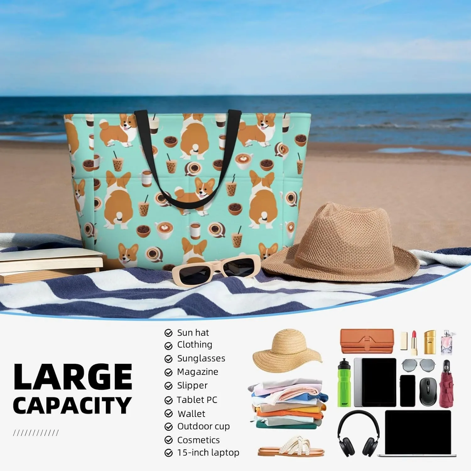 Beach Bag, Extra Large Waterproof Sandproof Tote with Multi Pockets, Lightweight for Travel, Pool, Outdoor