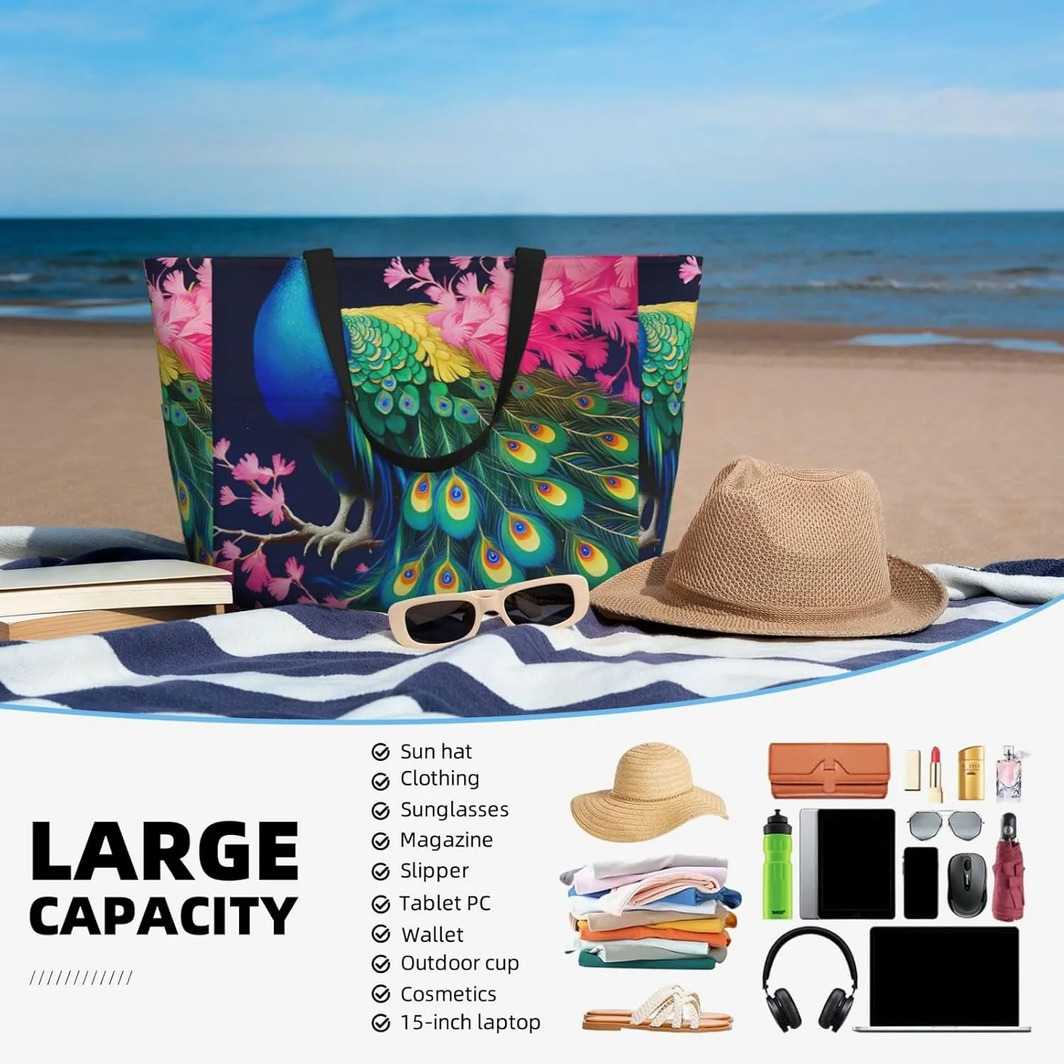 Beach Bag for Women, Tote Bags with Zipper, Sandproof Vacation Tote for Swim Cruise Pool