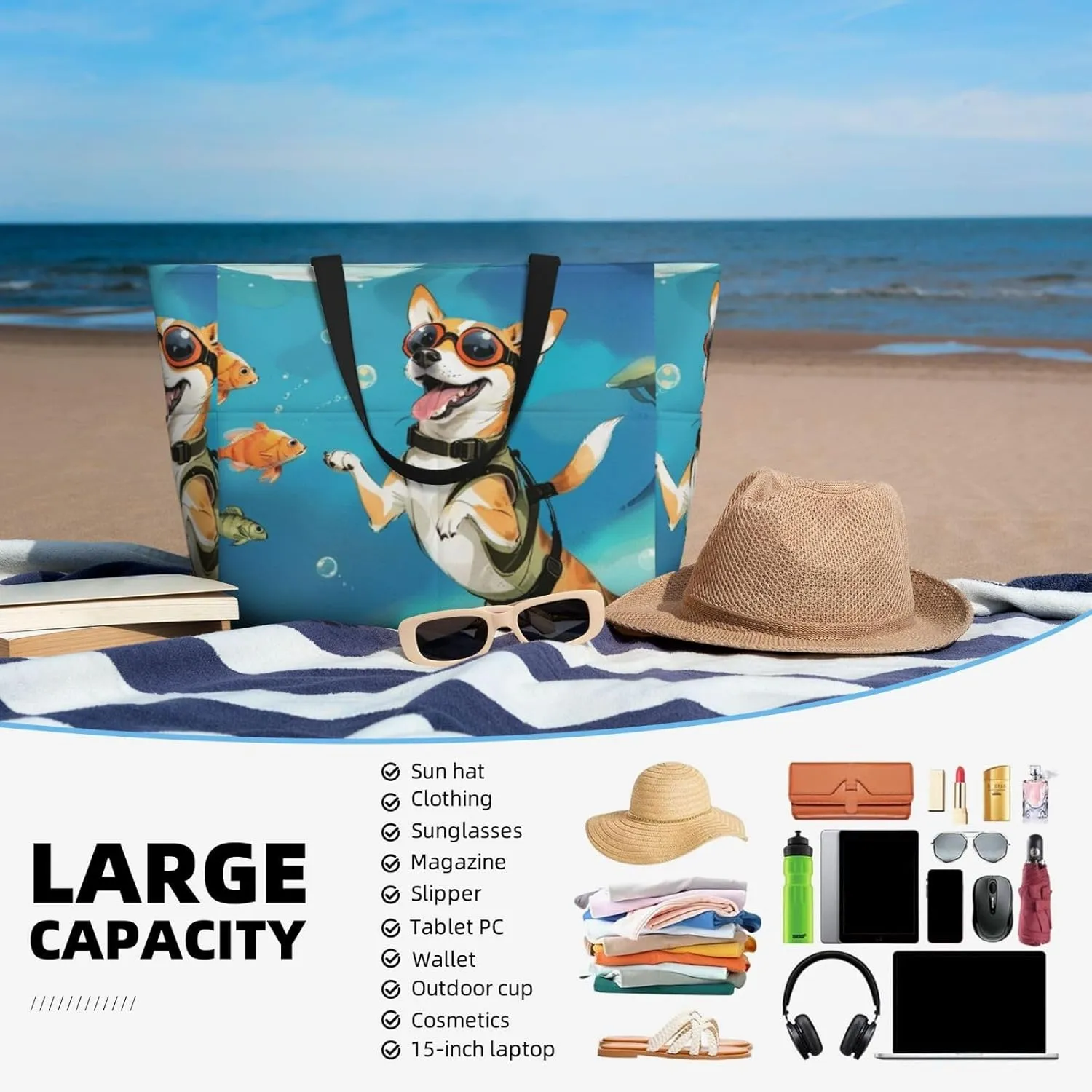 Beach Bag for Women, Tote Bags with Zipper, Sandproof Vacation Tote for Swim Cruise Pool