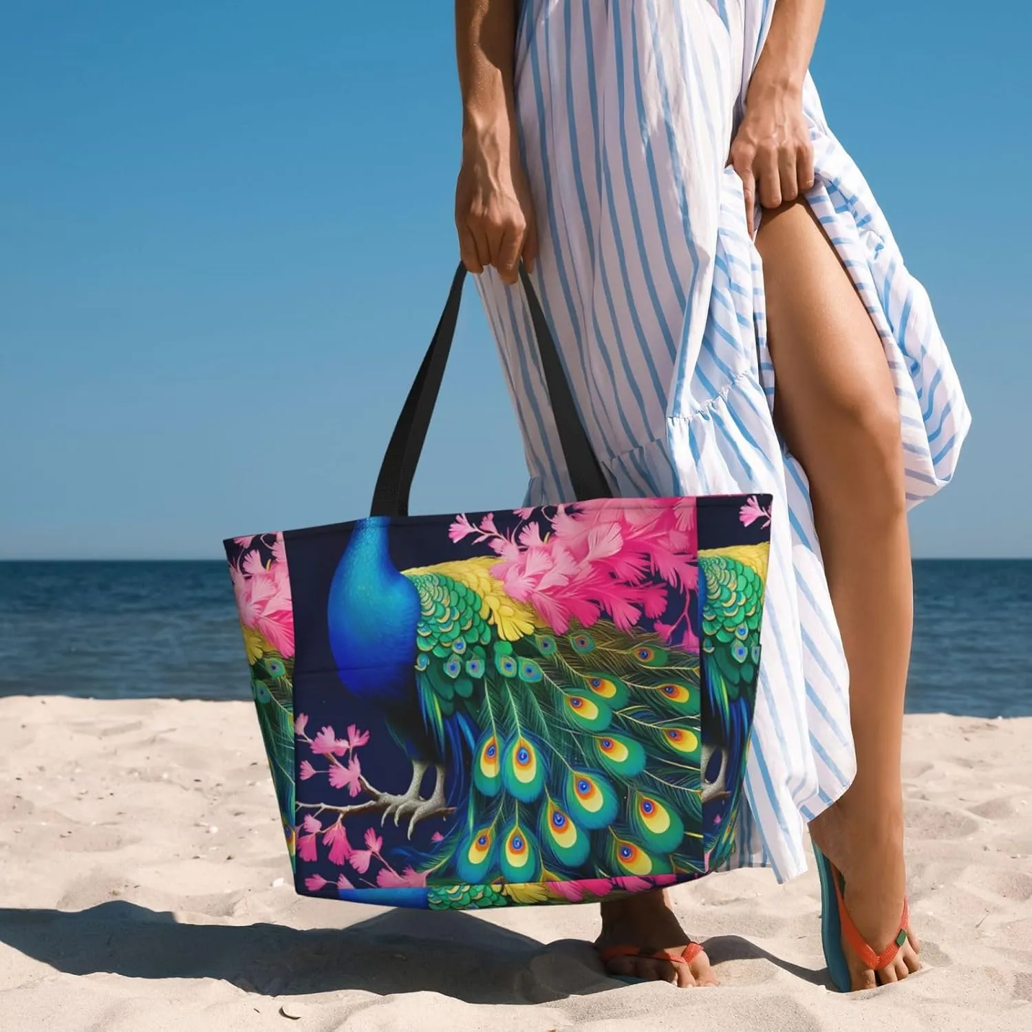 Beach Bag for Women, Tote Bags with Zipper, Sandproof Vacation Tote for Swim Cruise Pool