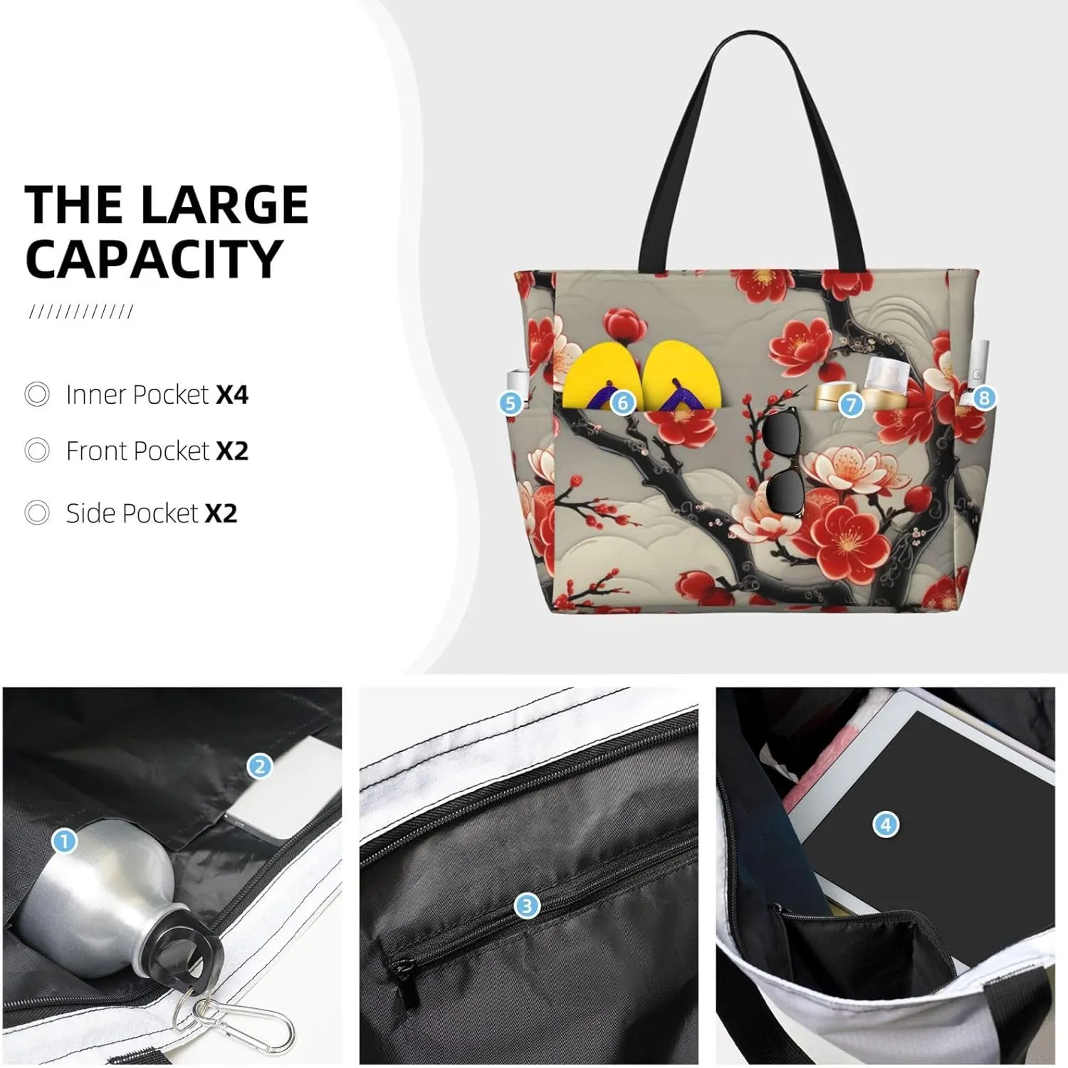 Beach Bag for Women, Tote Bags with Zipper, Sandproof Vacation Tote for Swim Cruise Pool