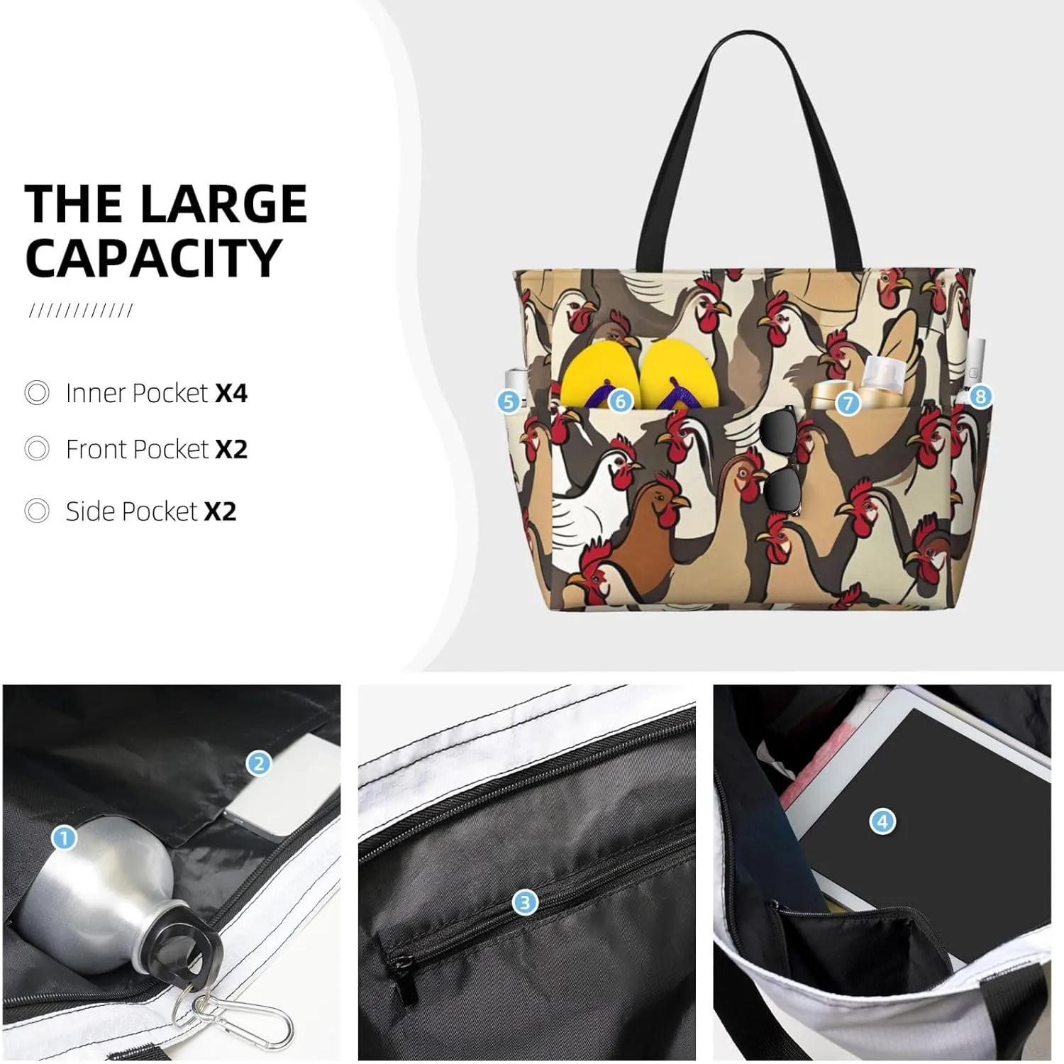 Beach Bag for Women, Tote Bags with Zipper, Sandproof Vacation Tote for Swim Cruise Pool