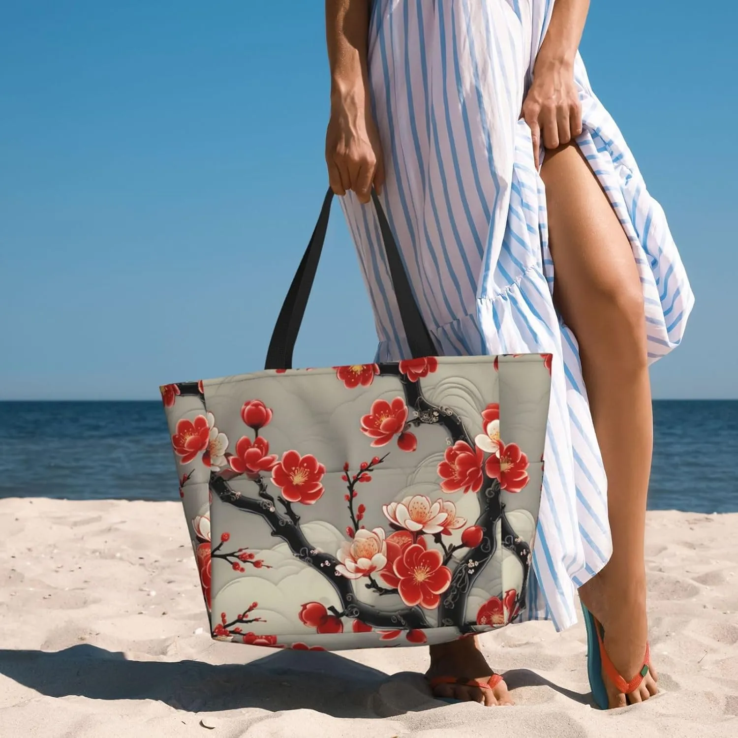 Beach Bag for Women, Tote Bags with Zipper, Sandproof Vacation Tote for Swim Cruise Pool