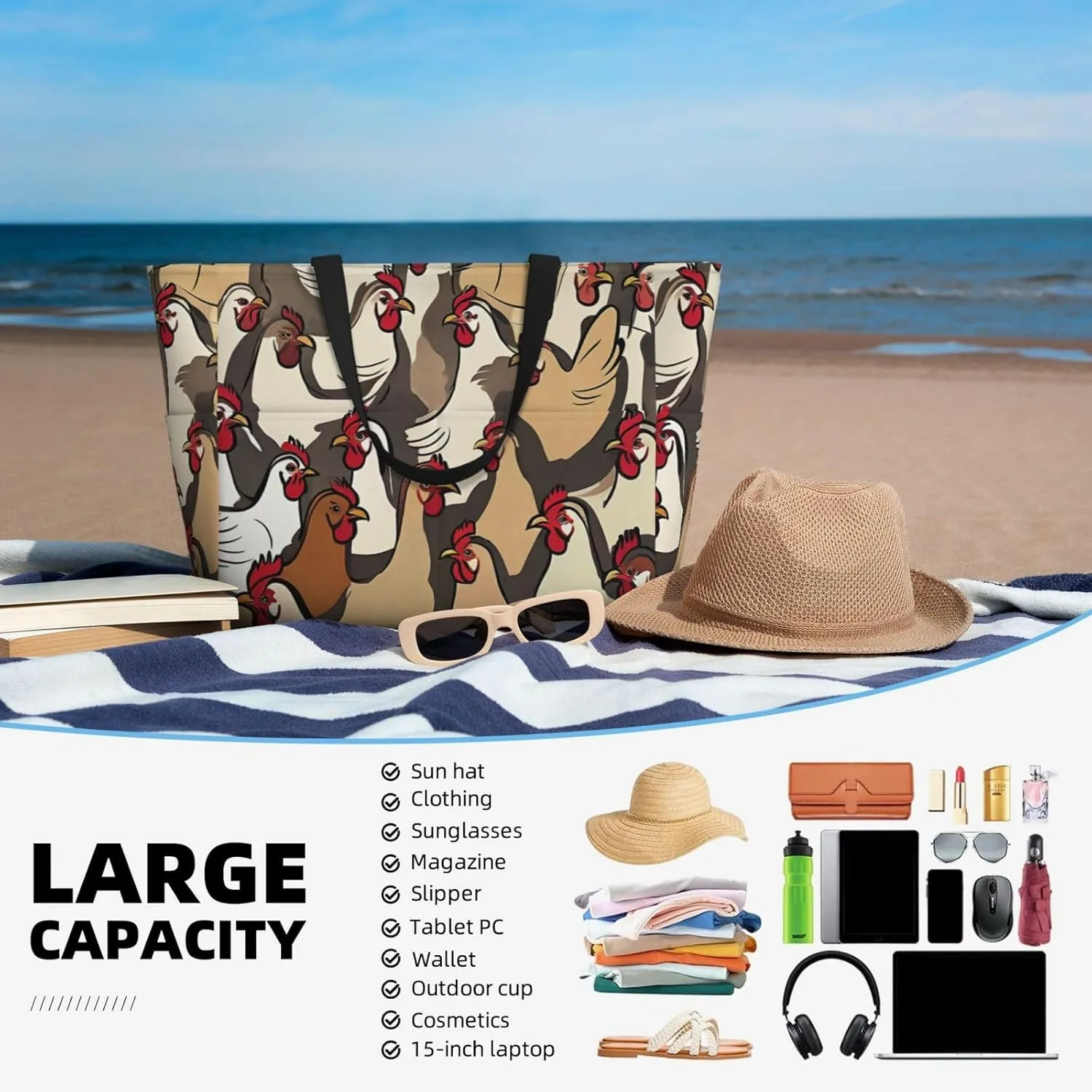 Beach Bag for Women, Tote Bags with Zipper, Sandproof Vacation Tote for Swim Cruise Pool