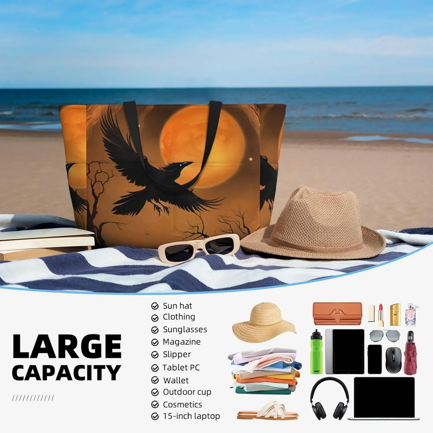 Beach Bag for Women, Tote Bags with Zipper, Sandproof Vacation Tote for Swim Cruise Pool