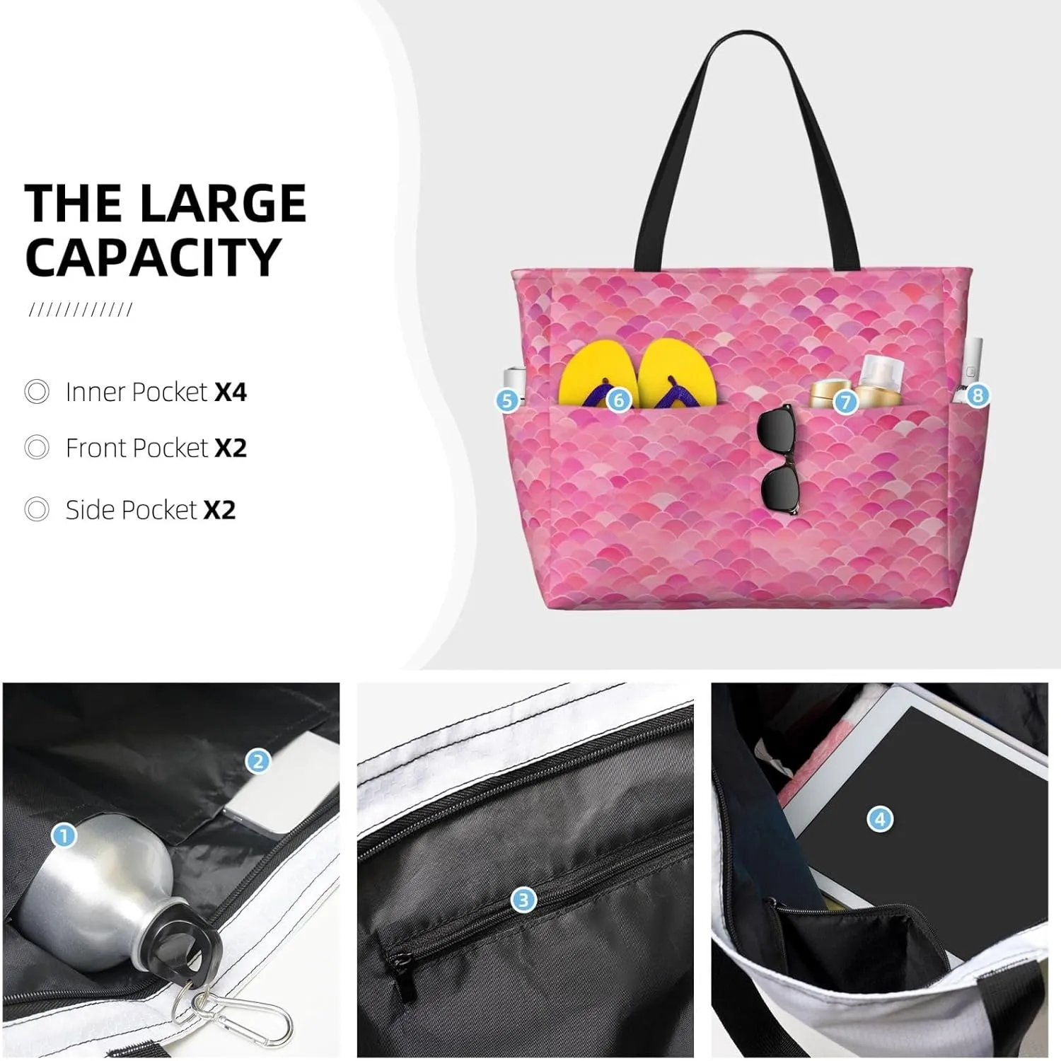 Beach Bag for Women, Tote Bags with Zipper, Sandproof Vacation Tote for Swim Cruise Pool