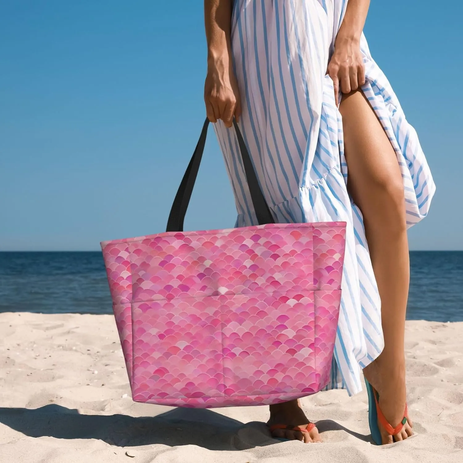 Beach Bag for Women, Tote Bags with Zipper, Sandproof Vacation Tote for Swim Cruise Pool