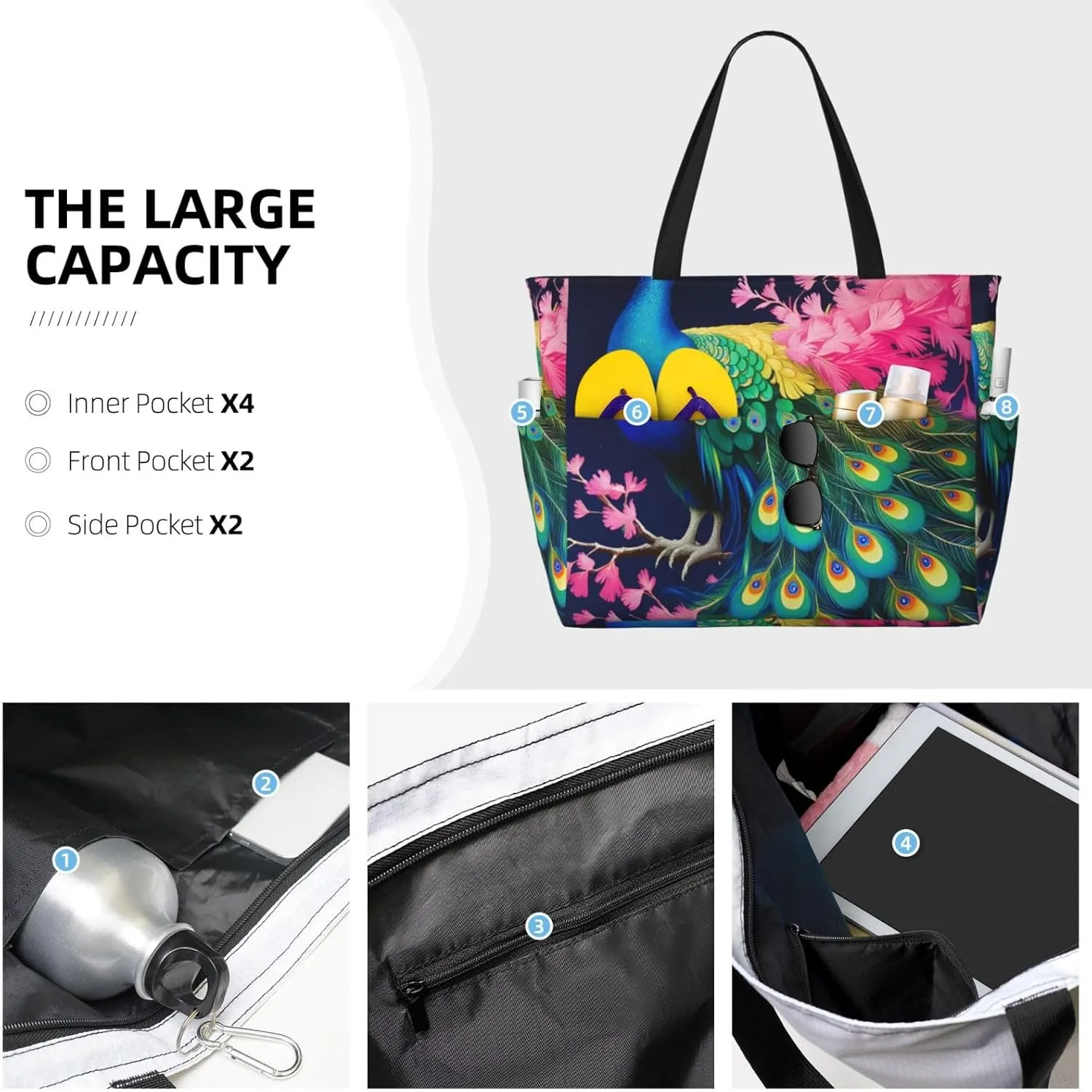 Beach Bag for Women, Tote Bags with Zipper, Sandproof Vacation Tote for Swim Cruise Pool