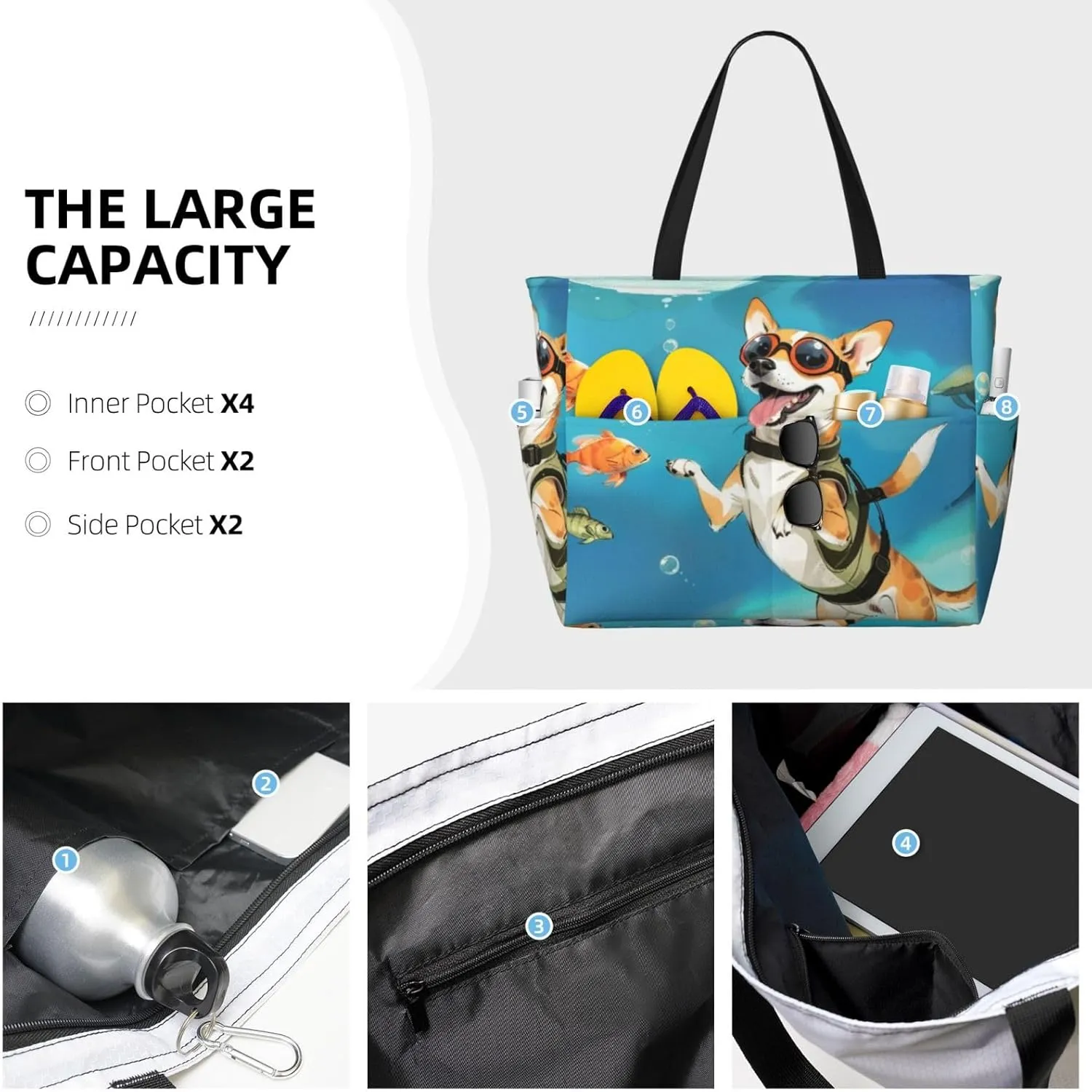Beach Bag for Women, Tote Bags with Zipper, Sandproof Vacation Tote for Swim Cruise Pool