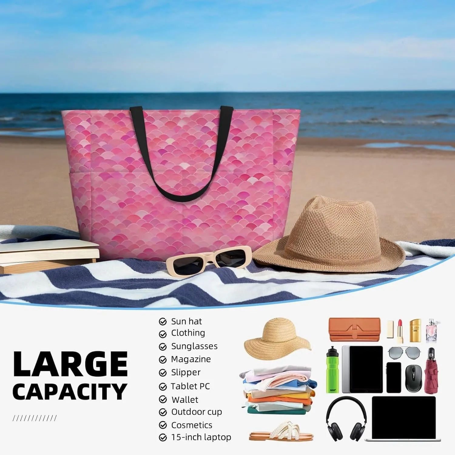 Beach Bag for Women, Tote Bags with Zipper, Sandproof Vacation Tote for Swim Cruise Pool