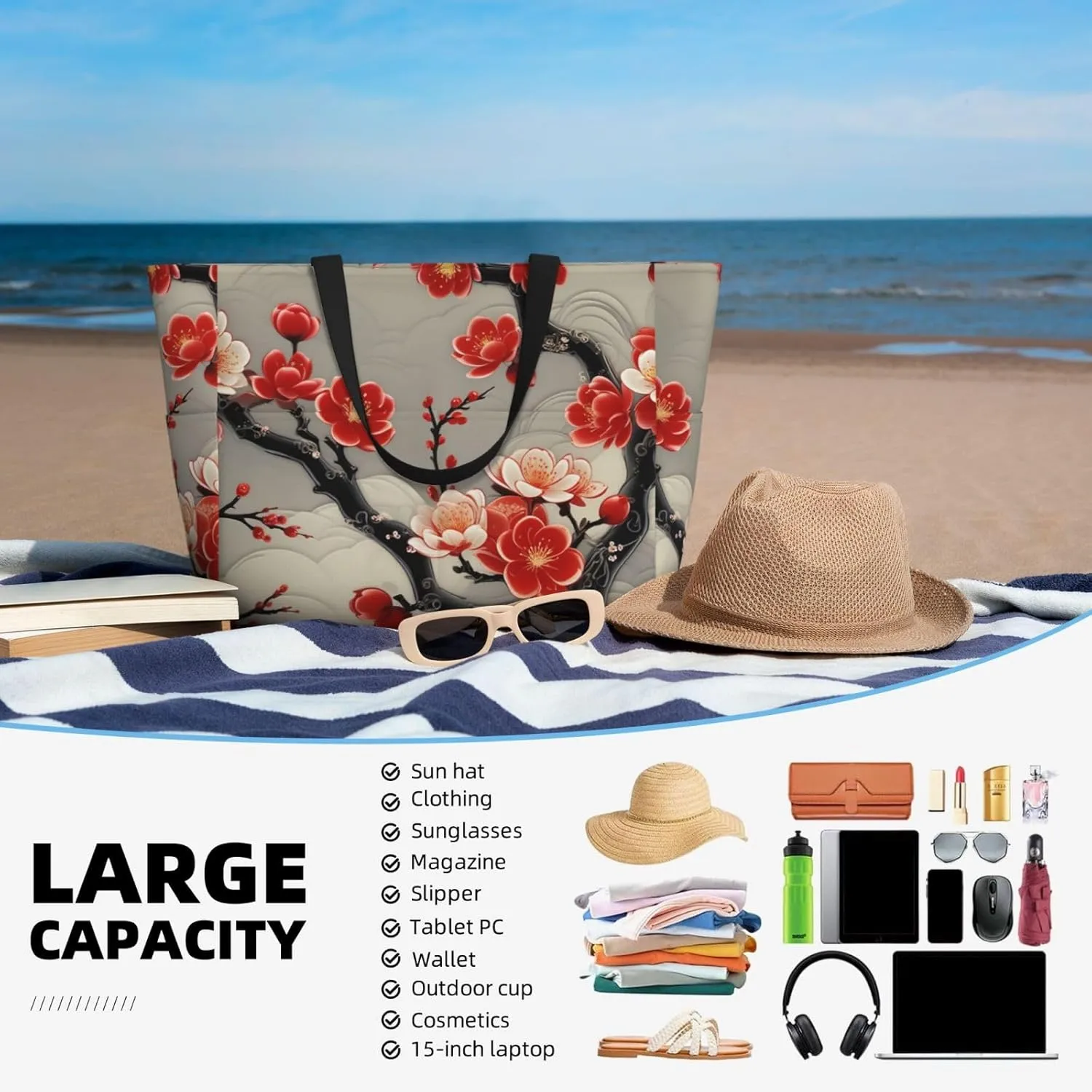 Beach Bag for Women, Tote Bags with Zipper, Sandproof Vacation Tote for Swim Cruise Pool
