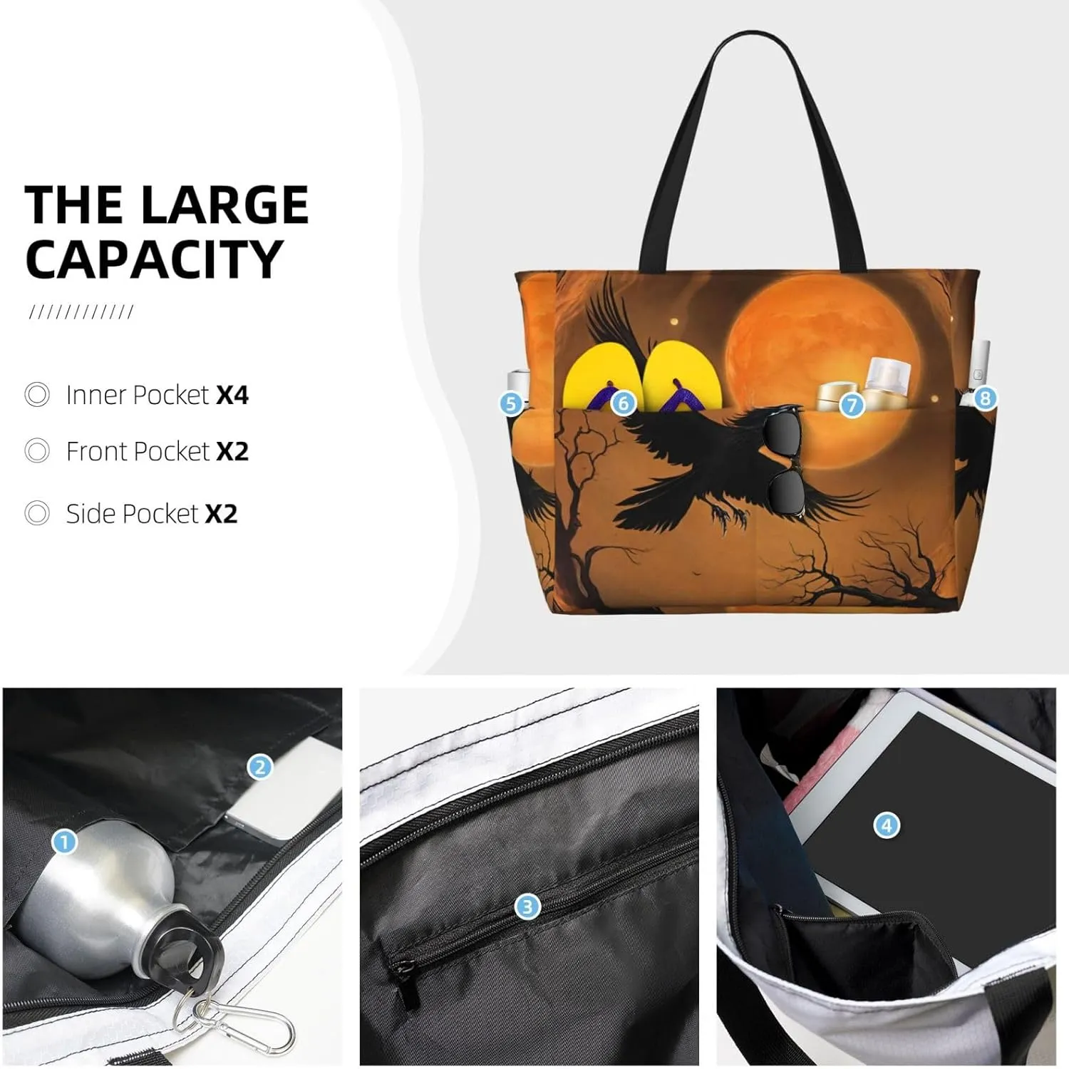 Beach Bag for Women, Tote Bags with Zipper, Sandproof Vacation Tote for Swim Cruise Pool