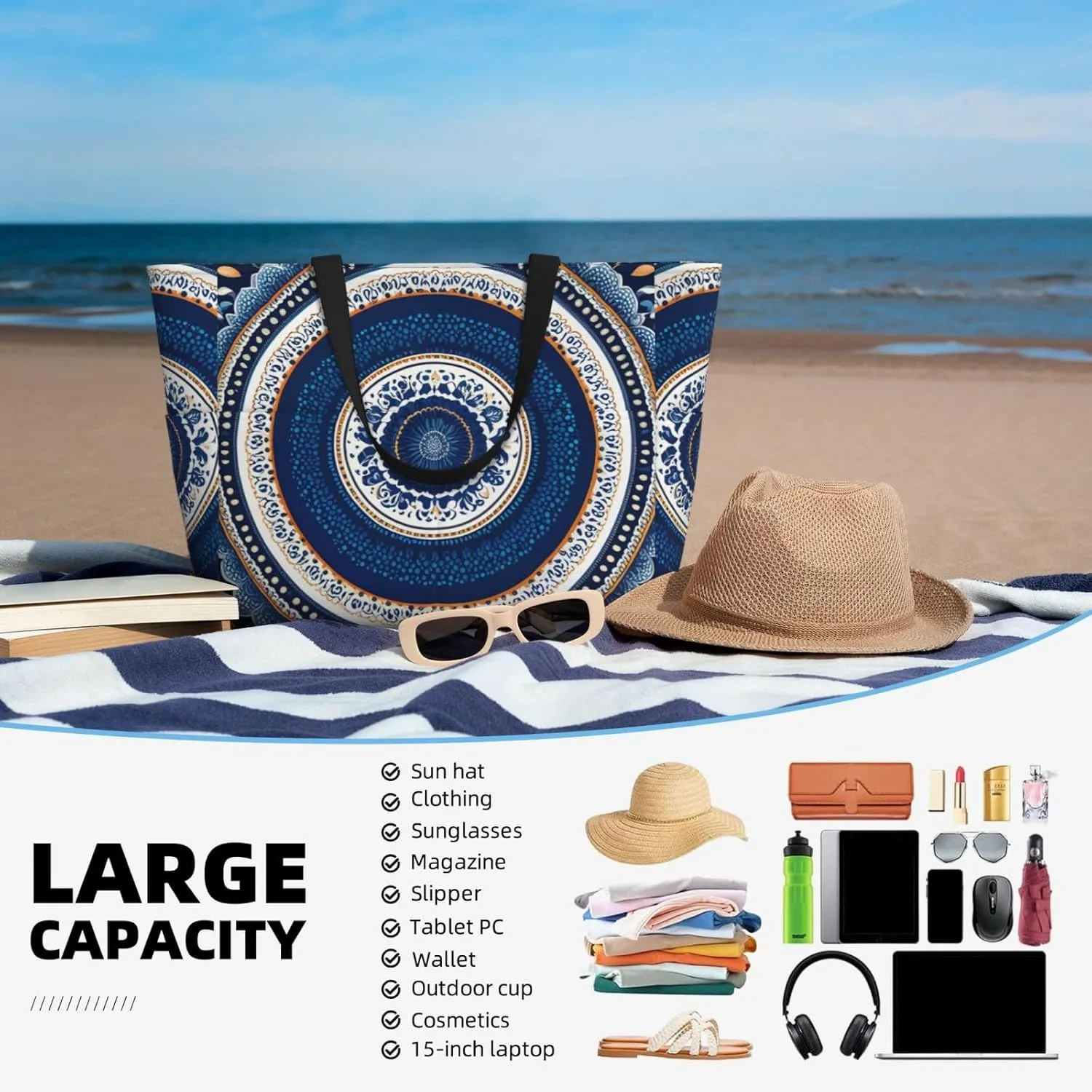 Beach Bag, Waterproof Sandproof Beach Tote Bag, Large Capacity Foldable for Women