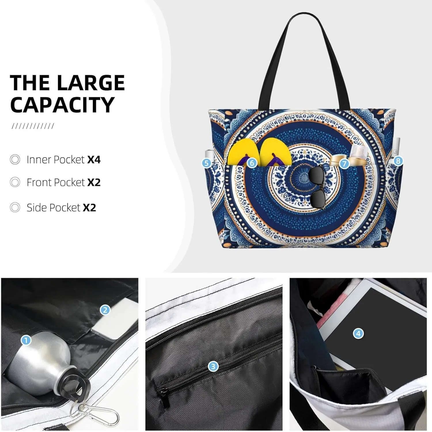 Beach Bag, Waterproof Sandproof Beach Tote Bag, Large Capacity Foldable for Women