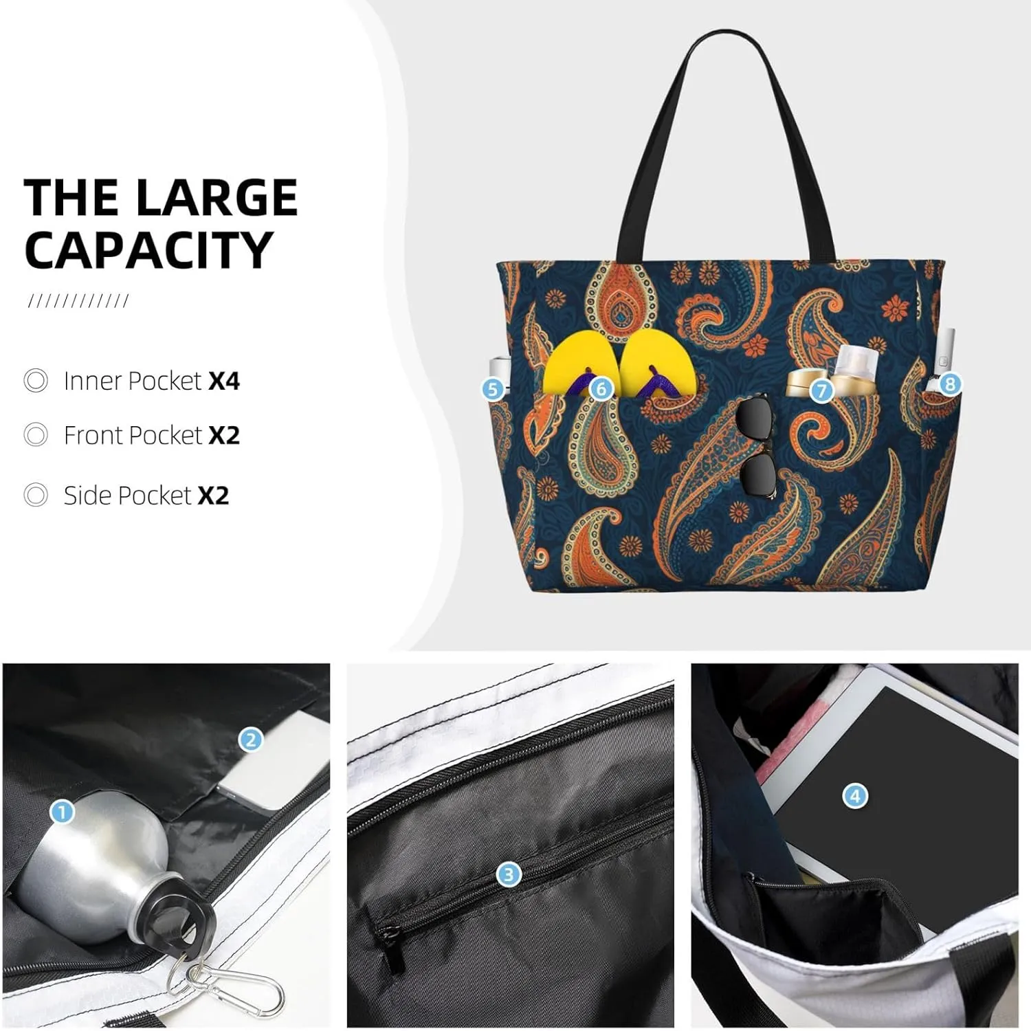 Beach Bag, Waterproof Sandproof Beach Tote Bag, Large Capacity Foldable for Women