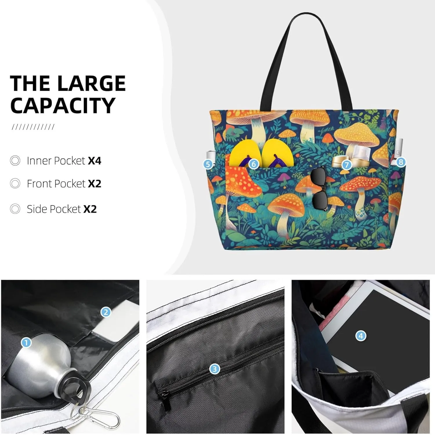 Beach Bag, Waterproof Sandproof Beach Tote Bag, Large Capacity Foldable for Women