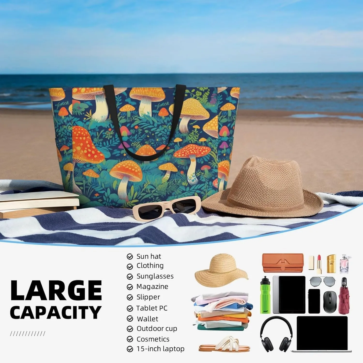 Beach Bag, Waterproof Sandproof Beach Tote Bag, Large Capacity Foldable for Women