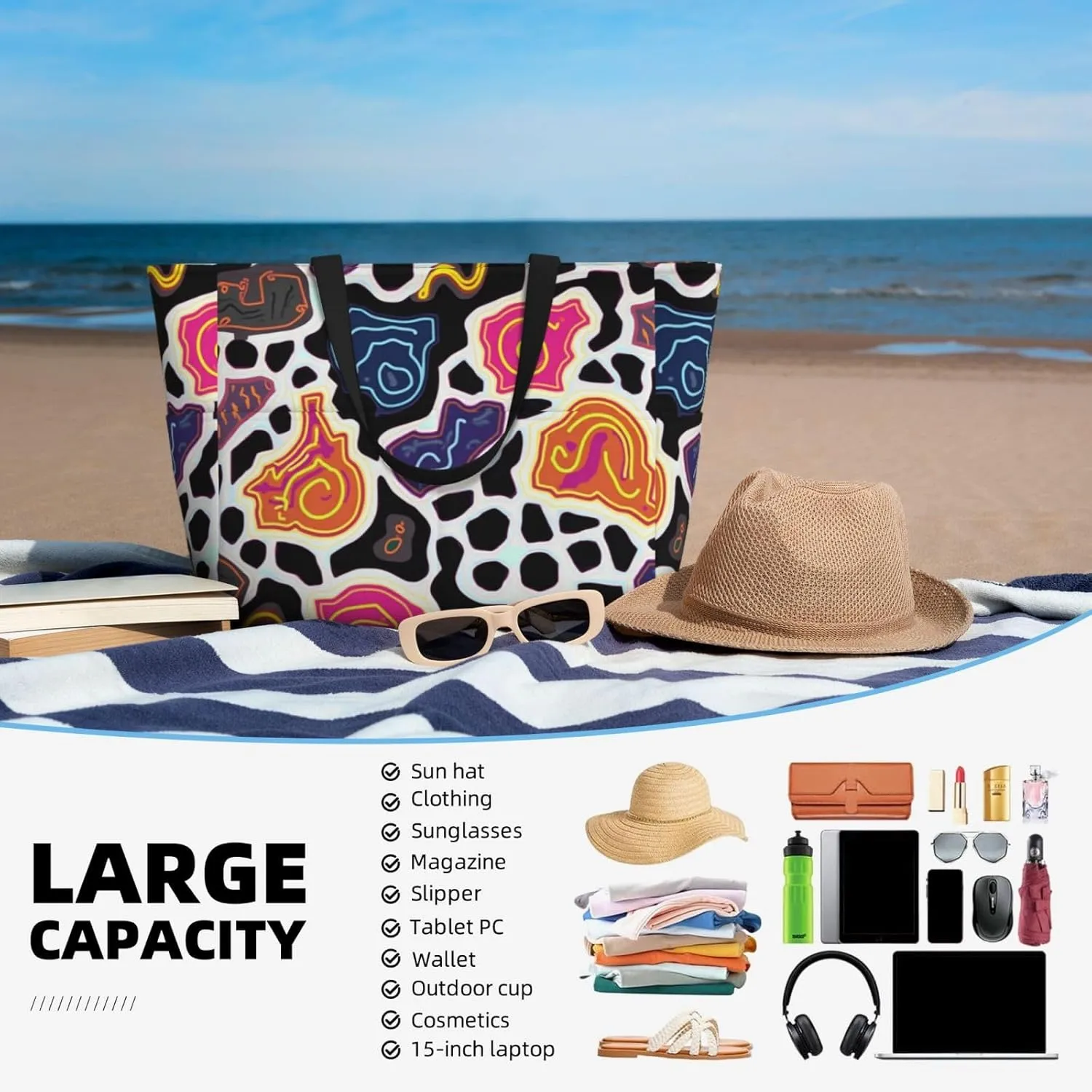Beach Bag, Waterproof Sandproof Beach Tote Bag, Large Capacity Foldable for Women