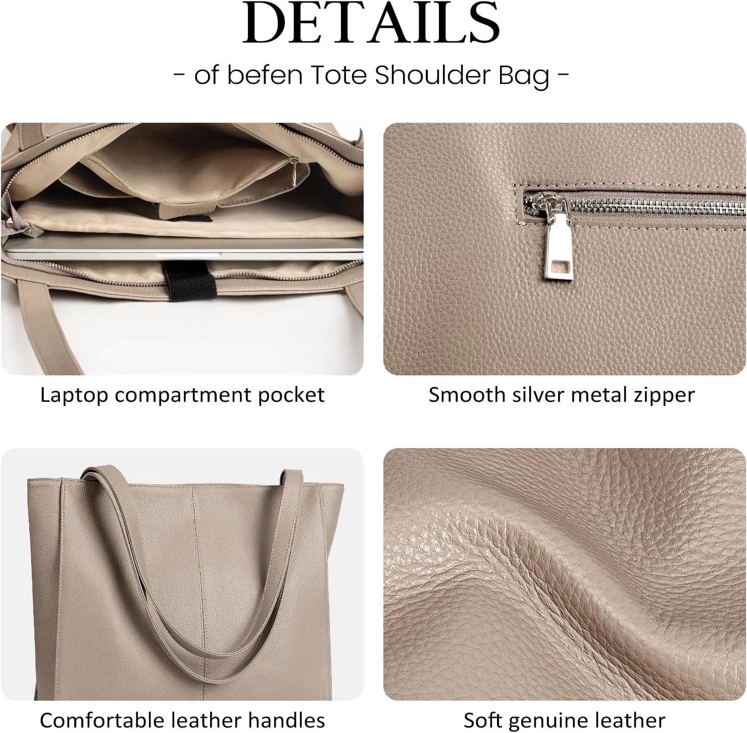 befen Genuine Leather Tote Bag for Women Work, Women's Leather Shoulder Bags Purses Satchel Handbags with Laptop Compartment