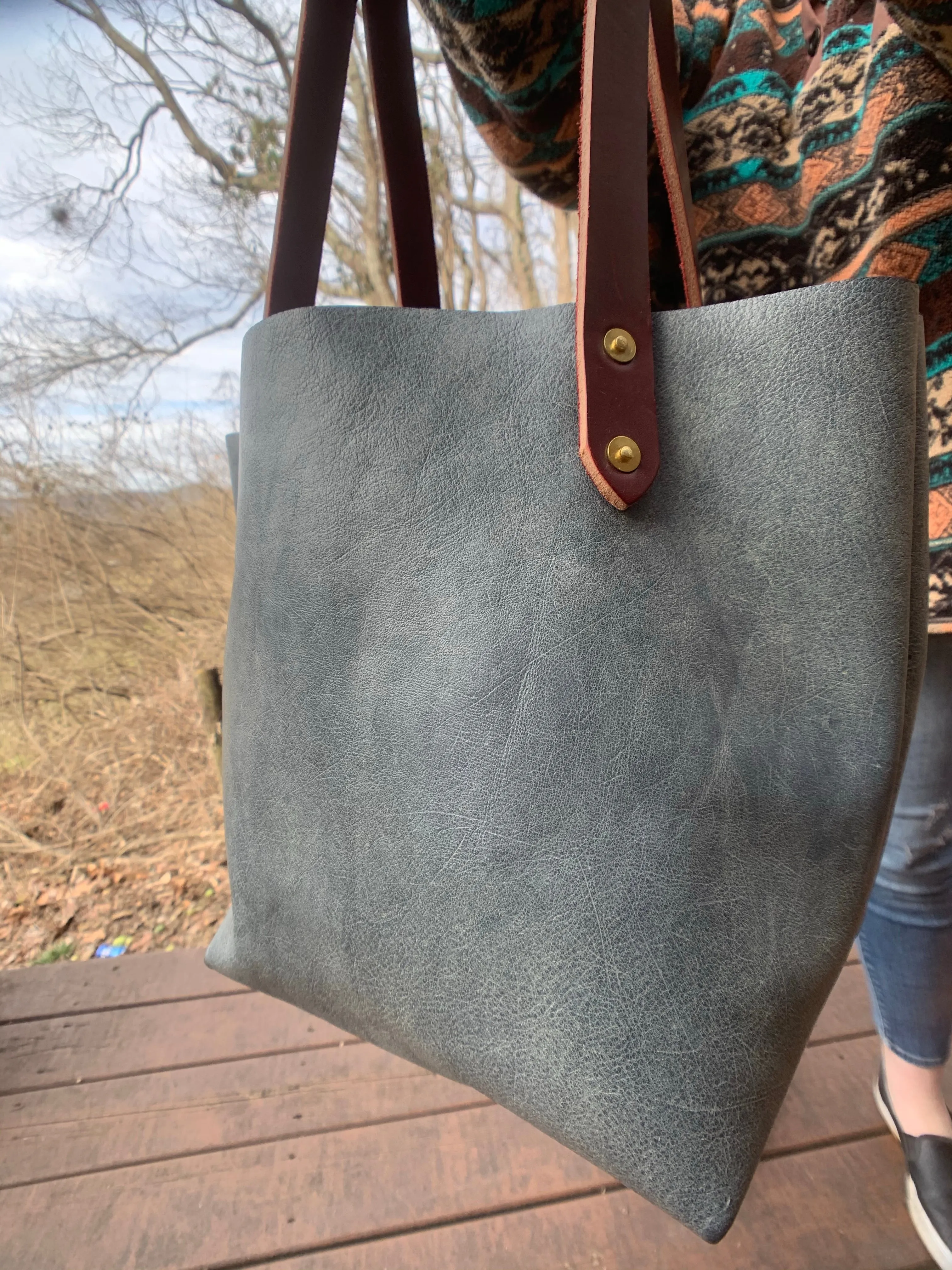 Big Mama Tote in Distressed Denim Hued Leather