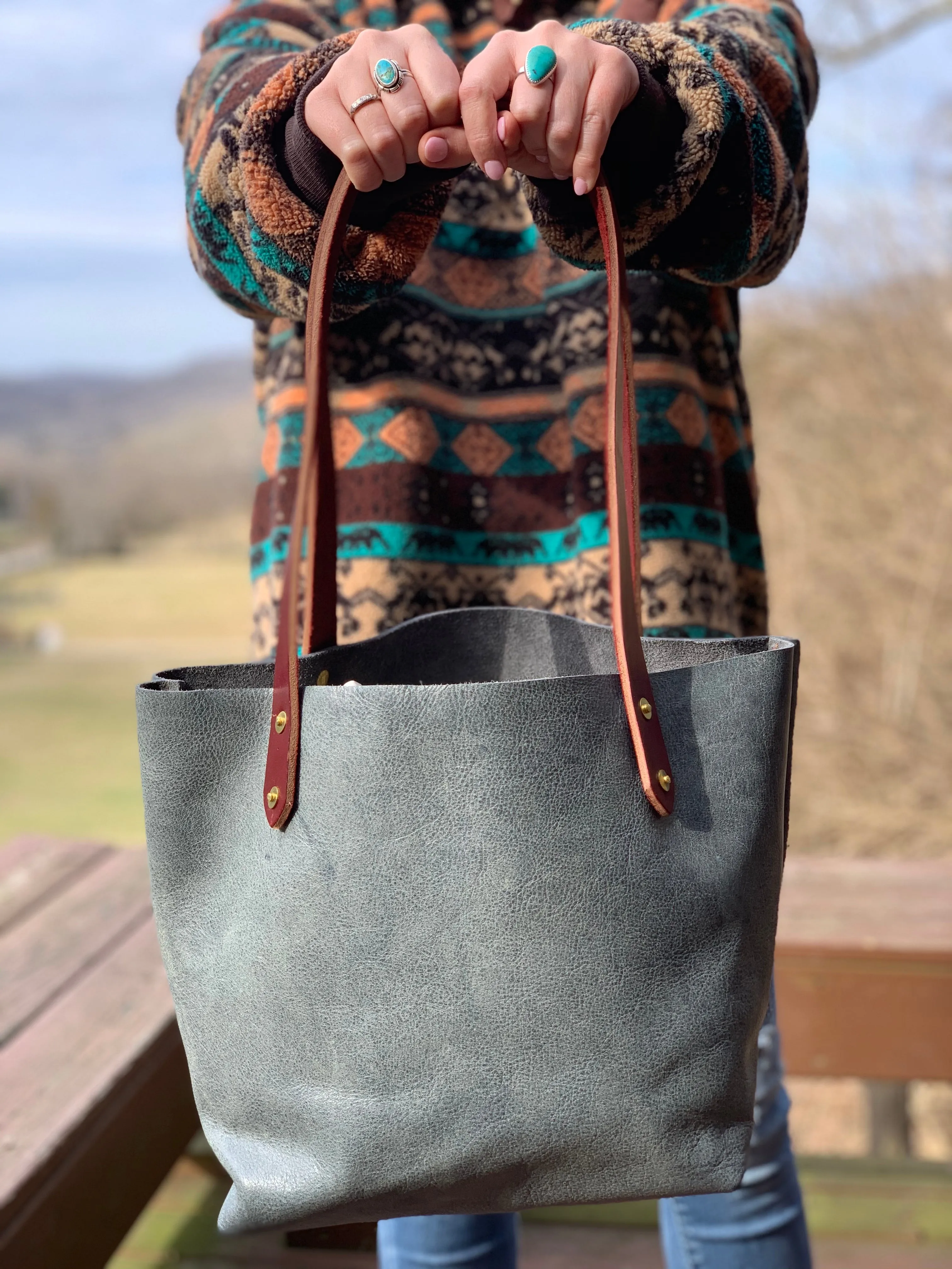 Big Mama Tote in Distressed Denim Hued Leather