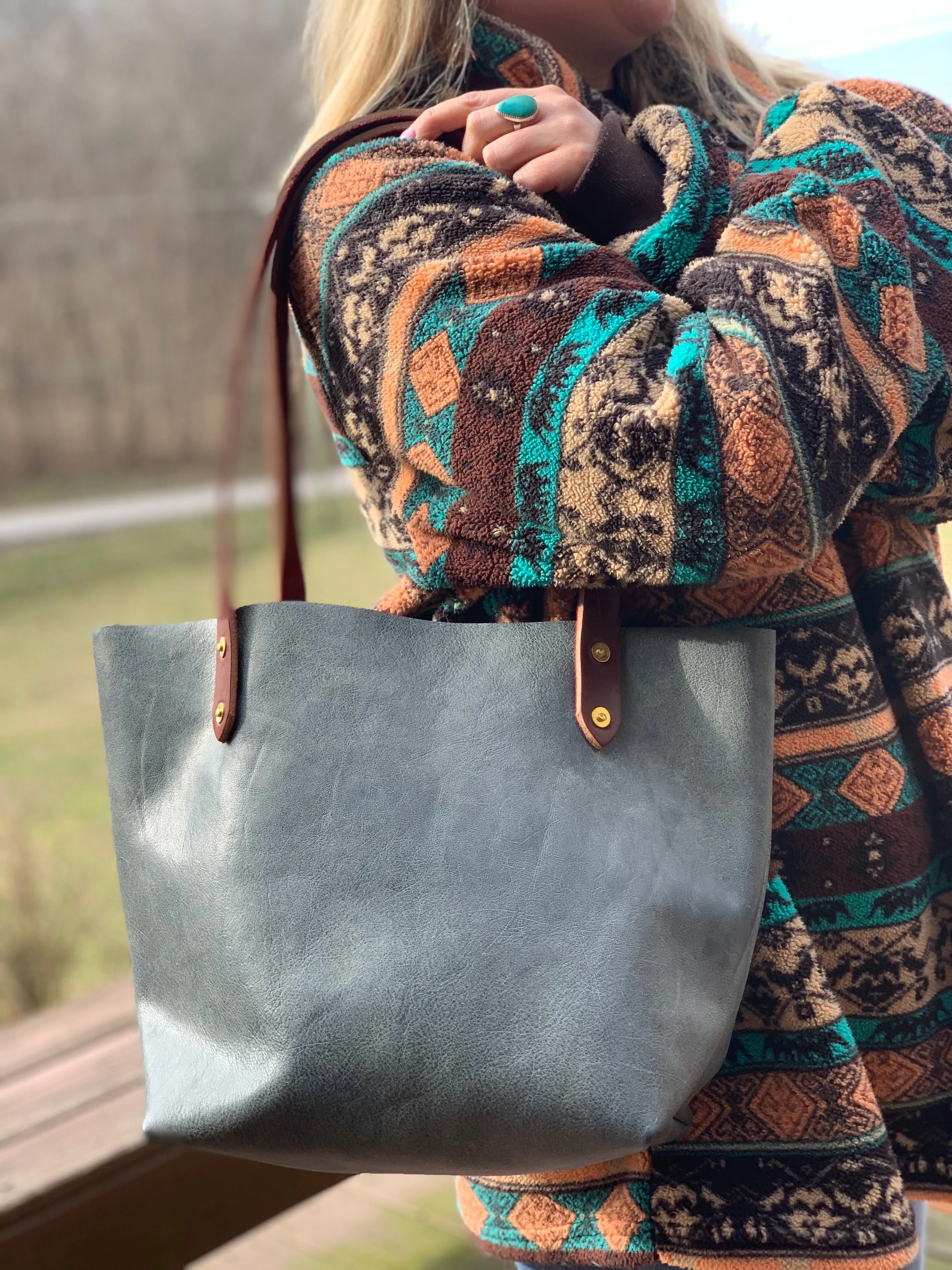 Big Mama Tote in Distressed Denim Hued Leather