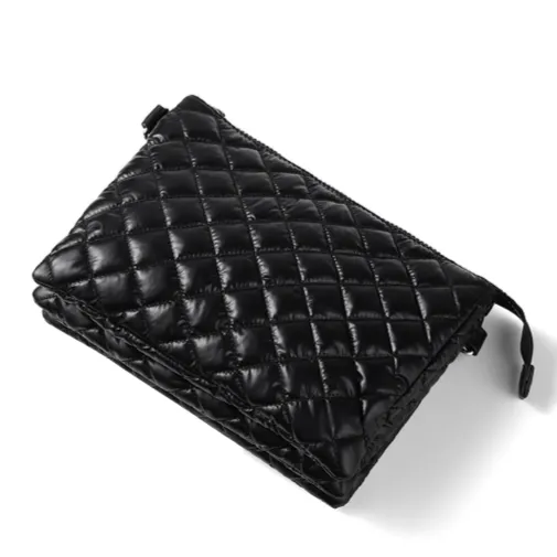Black Nylon Puffer Quilt Crossbody Bag Chain Strap