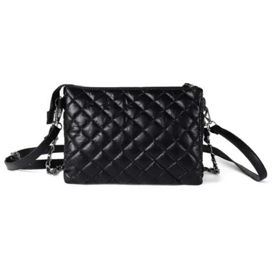 Black Nylon Puffer Quilt Crossbody Bag Chain Strap