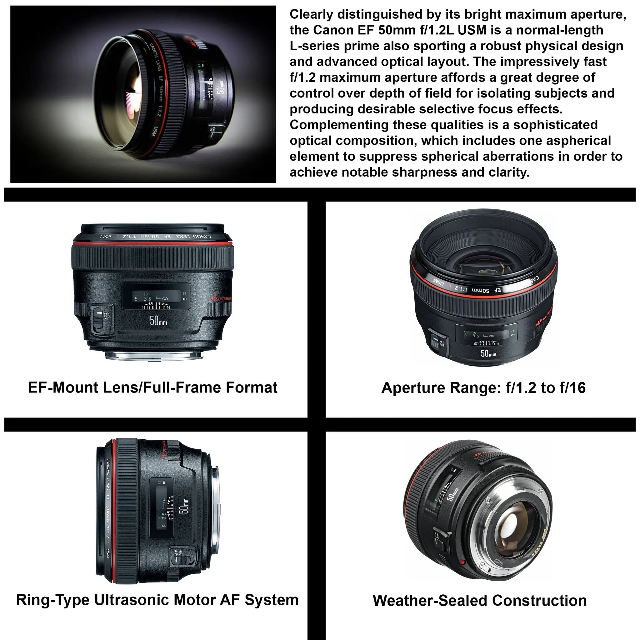 Canon EF 50mm f/1.2L USM Lens  (1257B002) Includes: DSLR Sling Backpack, 9PC Filter Kit, Sandisk 32GB SD   More