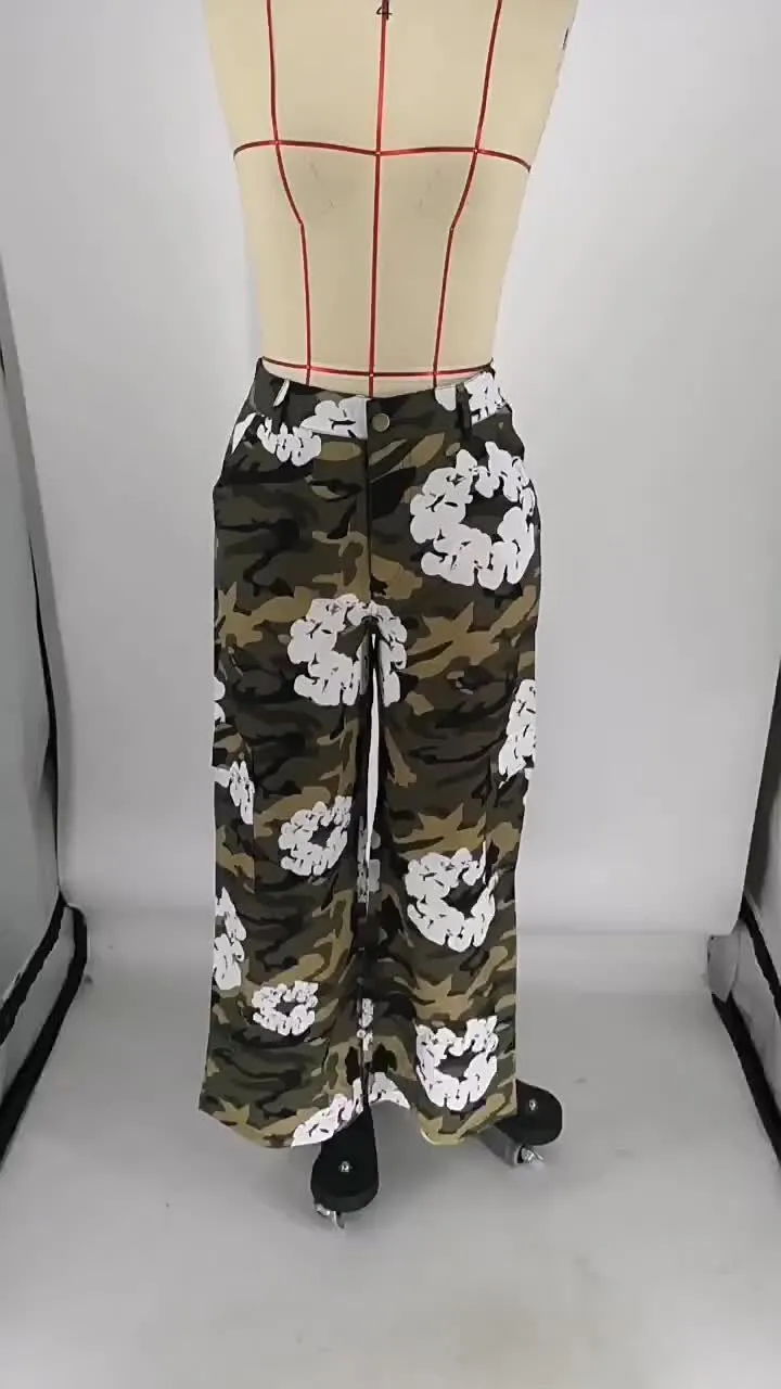 Casual camouflage printed workwear style straight bucket pants AY3324