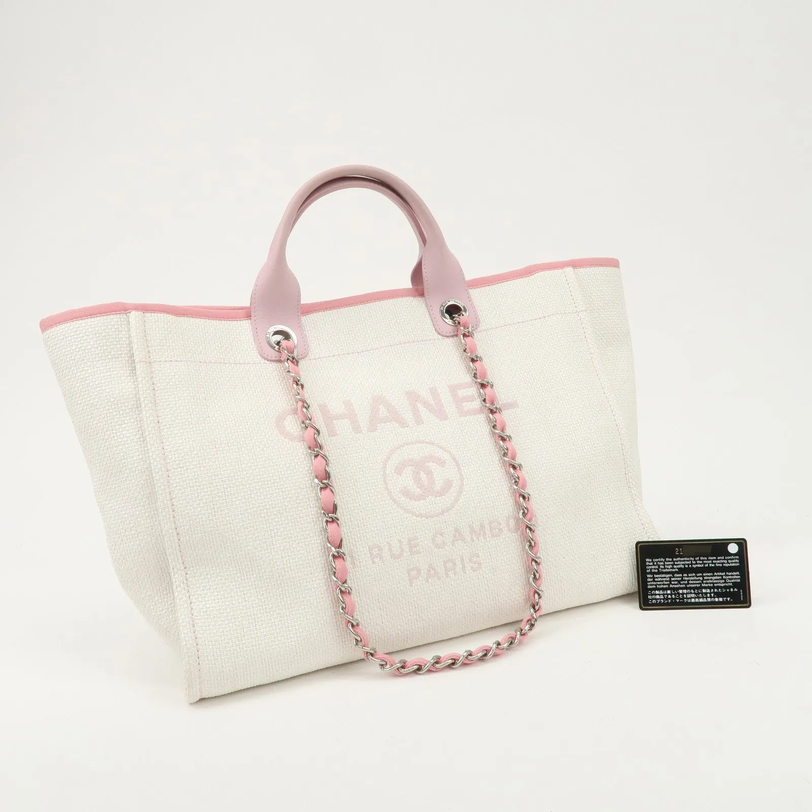 CHANEL Deauville Raffia Leather Chain Tote Bag GM Pink A66941 Used