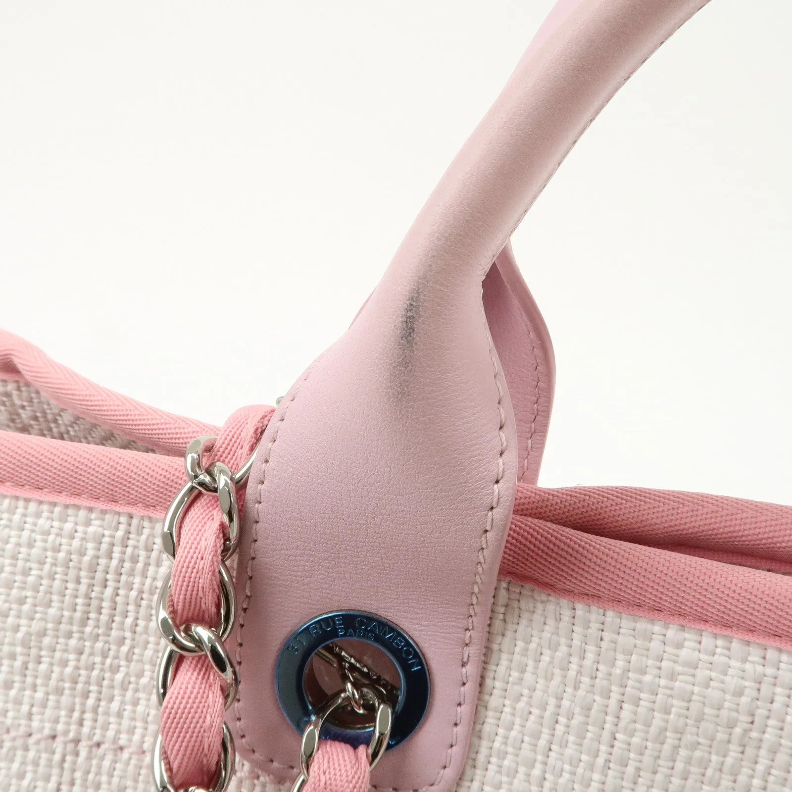CHANEL Deauville Raffia Leather Chain Tote Bag GM Pink A66941 Used