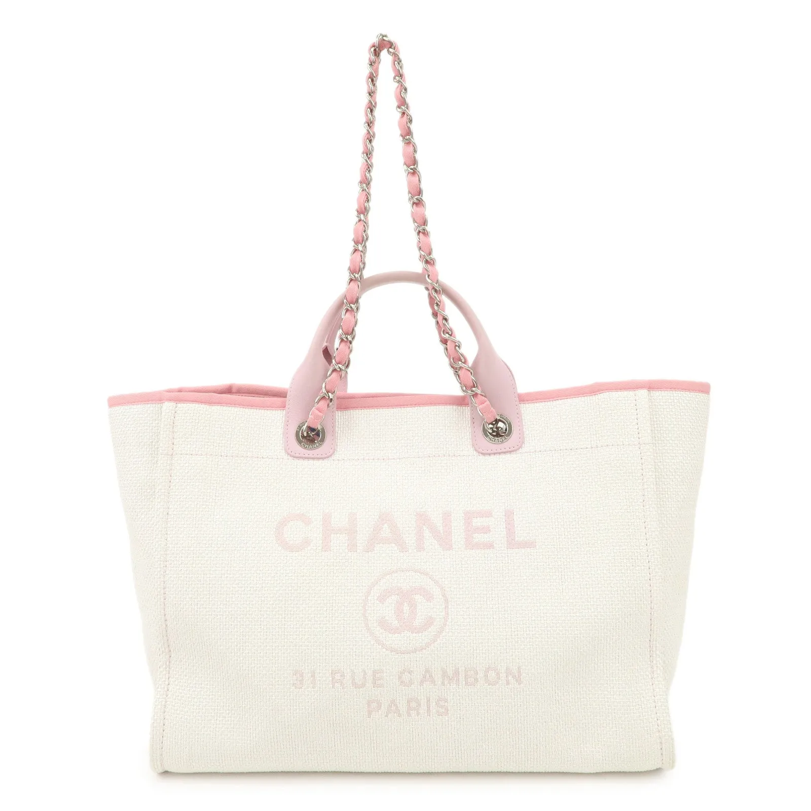 CHANEL Deauville Raffia Leather Chain Tote Bag GM Pink A66941 Used