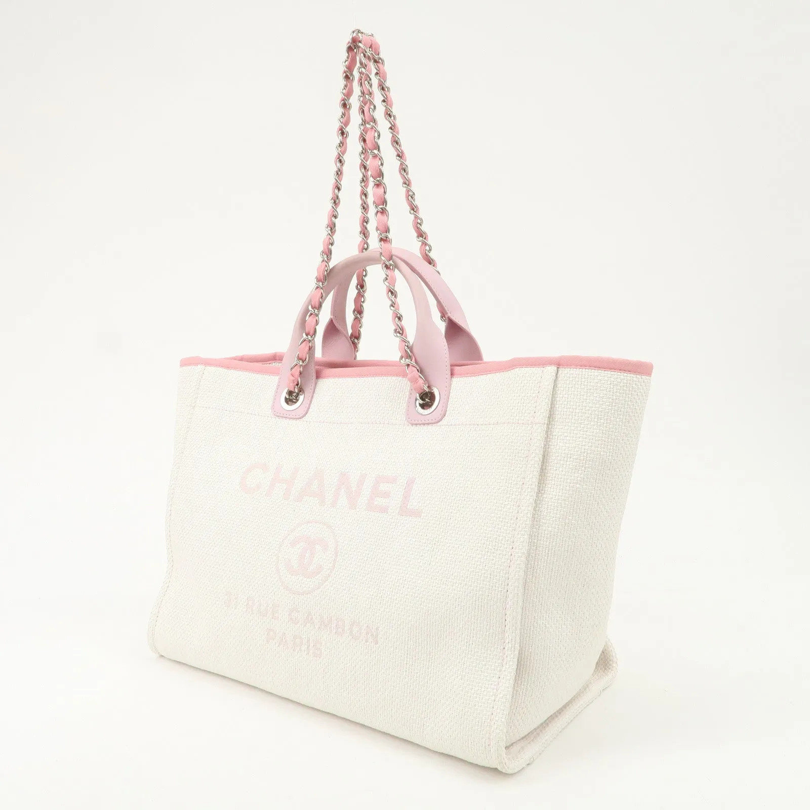 CHANEL Deauville Raffia Leather Chain Tote Bag GM Pink A66941 Used
