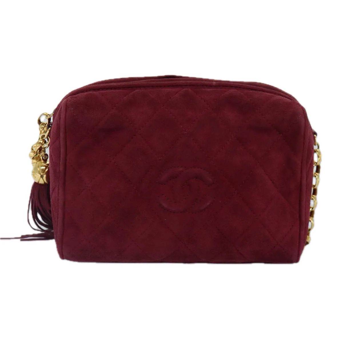 CHANEL Matelasse COCO Mark Chain Fringe Shoulder Bag Suede Red CC Auth yk14444A