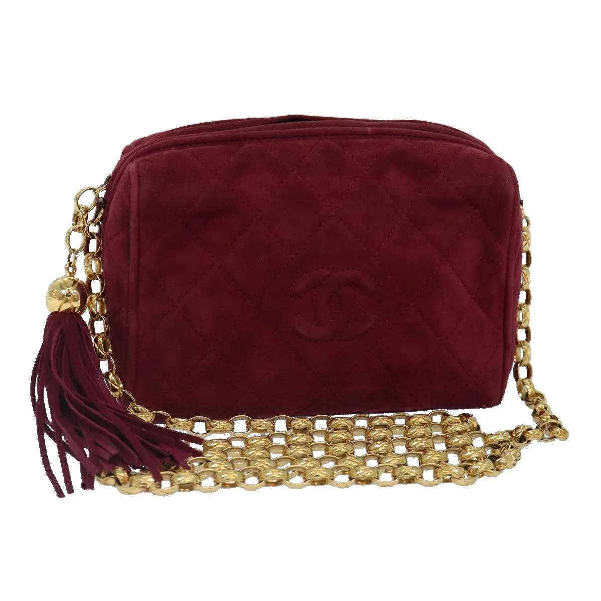 CHANEL Matelasse COCO Mark Chain Fringe Shoulder Bag Suede Red CC Auth yk14444A